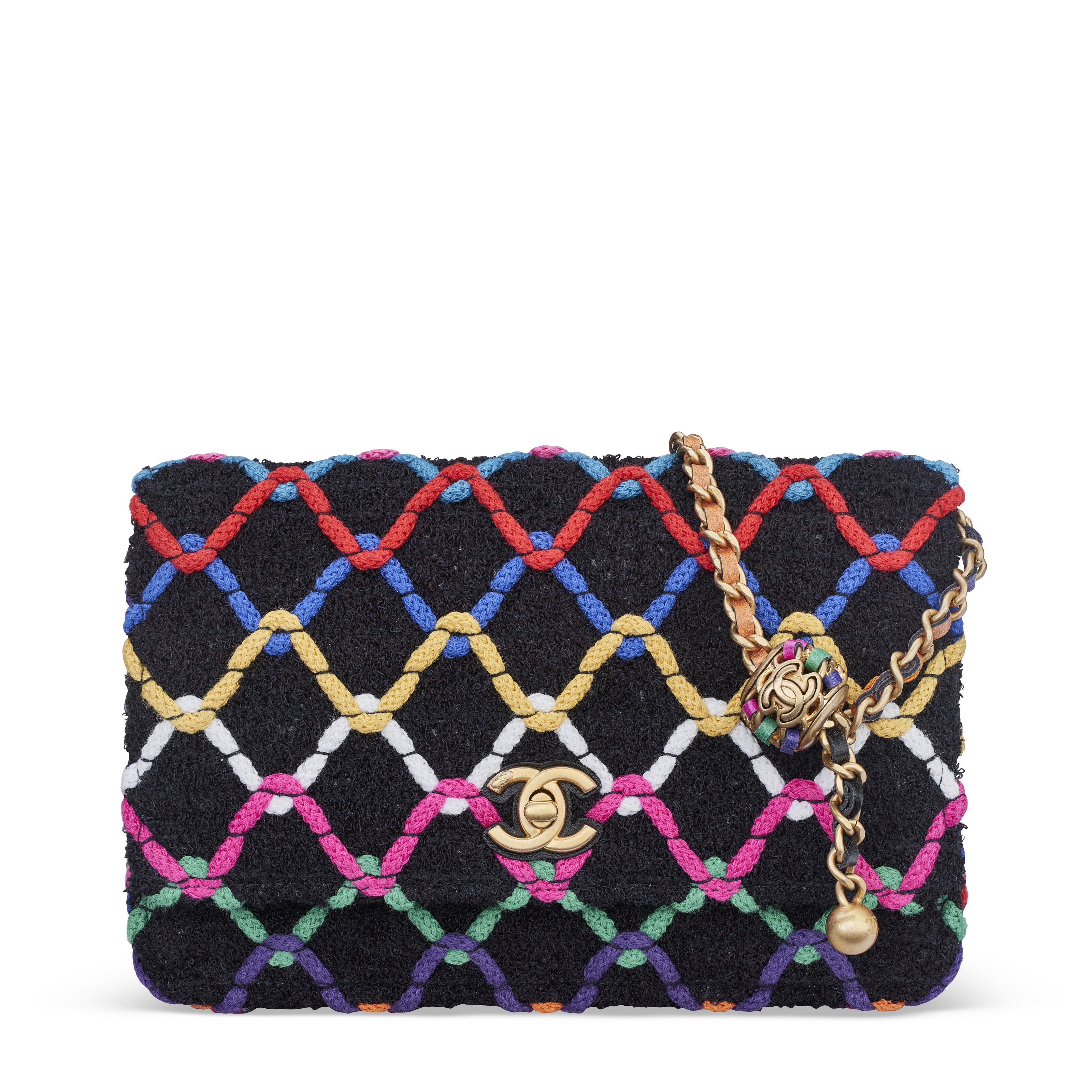 A MULTICOLOR CRYSTAL AND BLACK METAL CAGE MINI BELT BAG, CHANEL