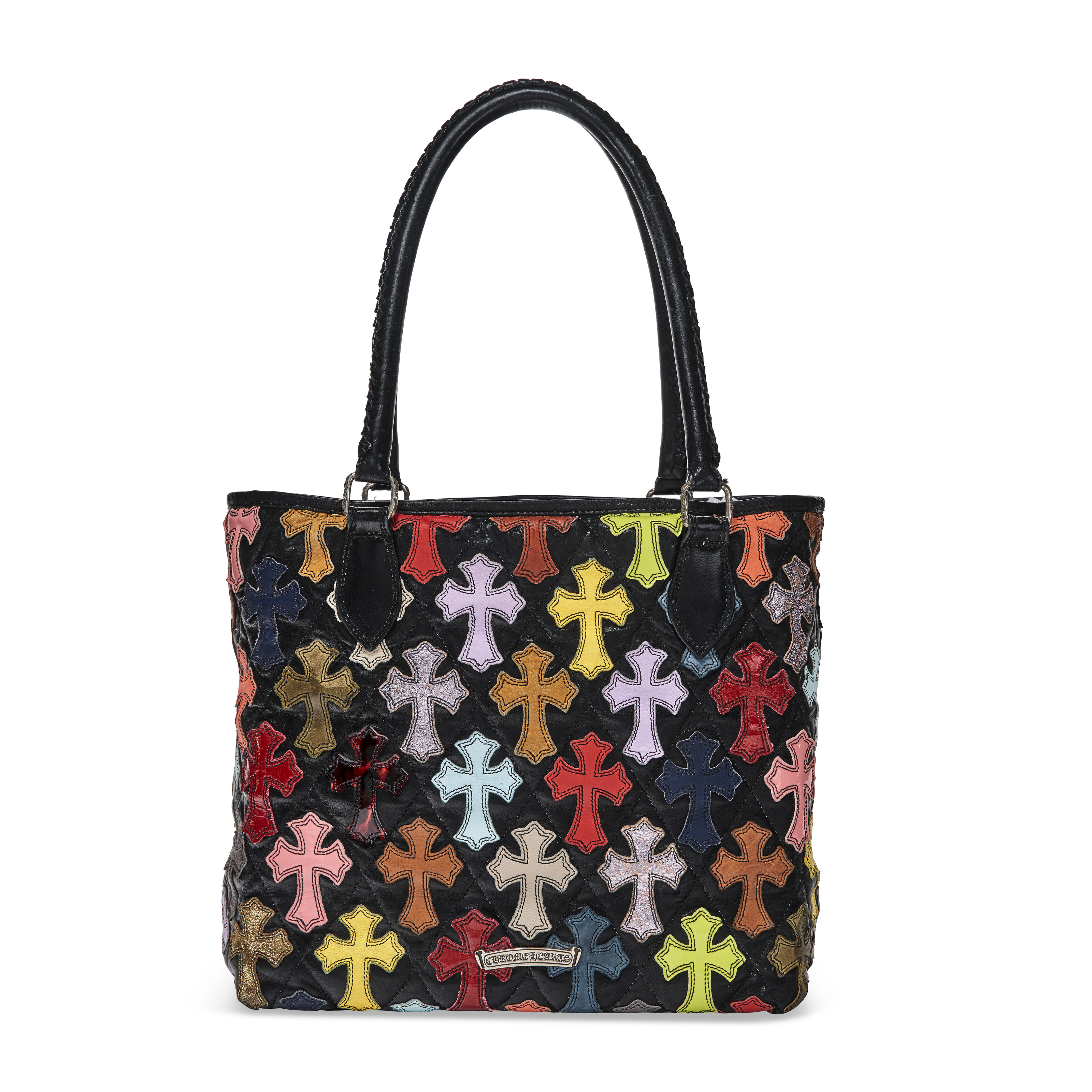 A MULTICOLOR LEATHER ALL-OVER CROSS PATCH CEMETERY TOTE WITH