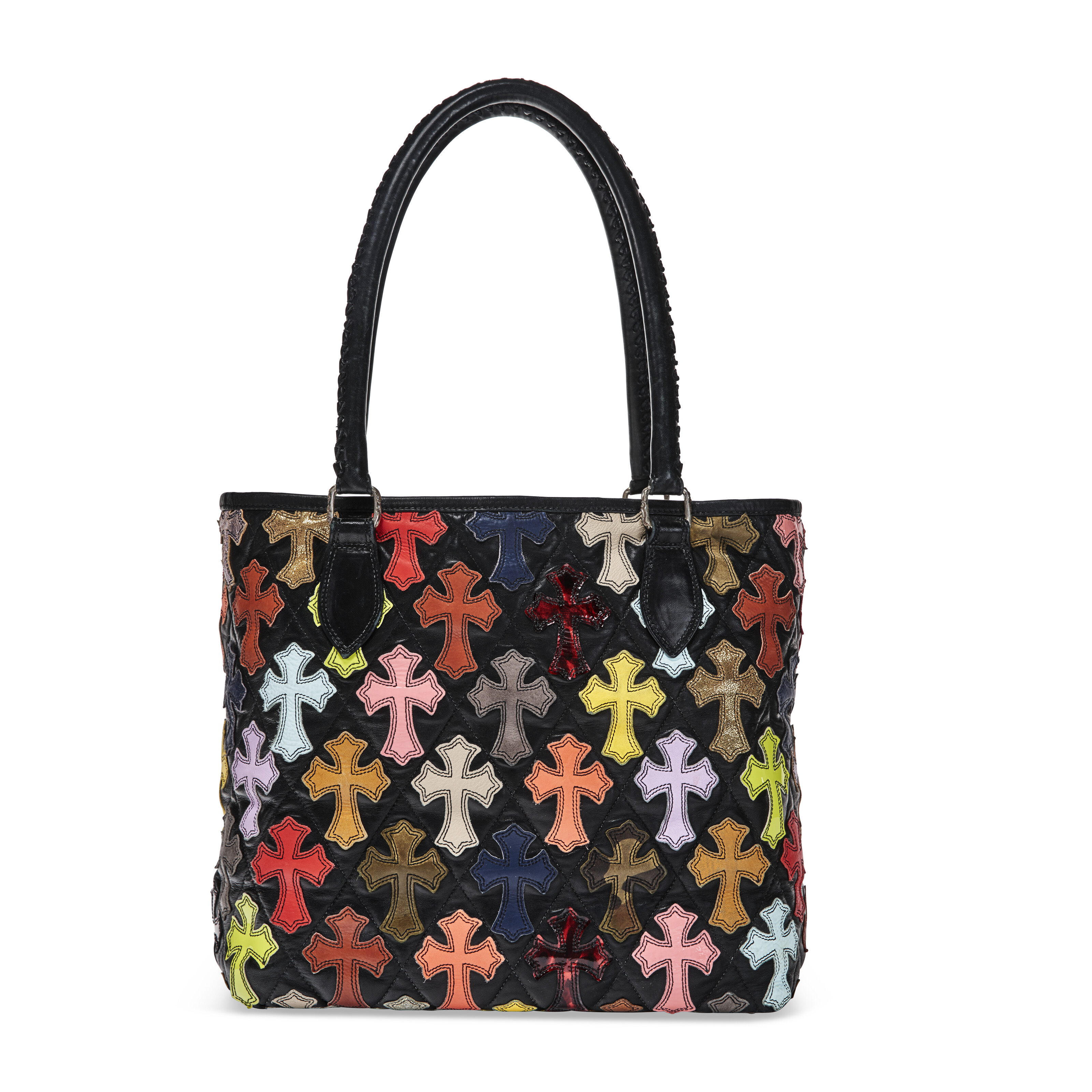 A MULTICOLOR LEATHER ALL-OVER CROSS PATCH CEMETERY TOTE WITH 