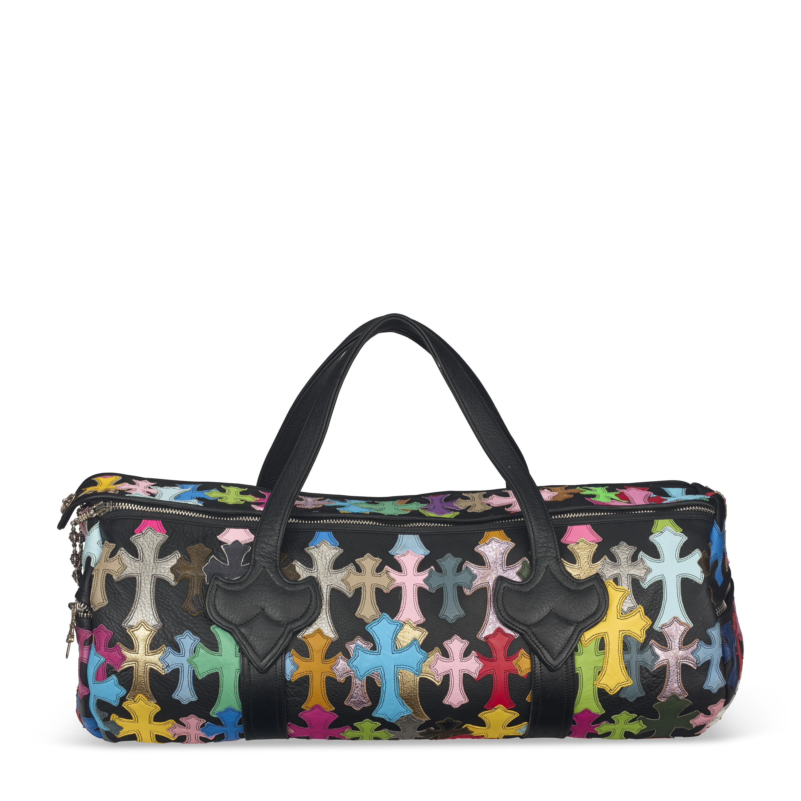 A BLACK & MULTICOLOR GRAINED LEATHER CROSS PATCH CEMETARY DUFFEL