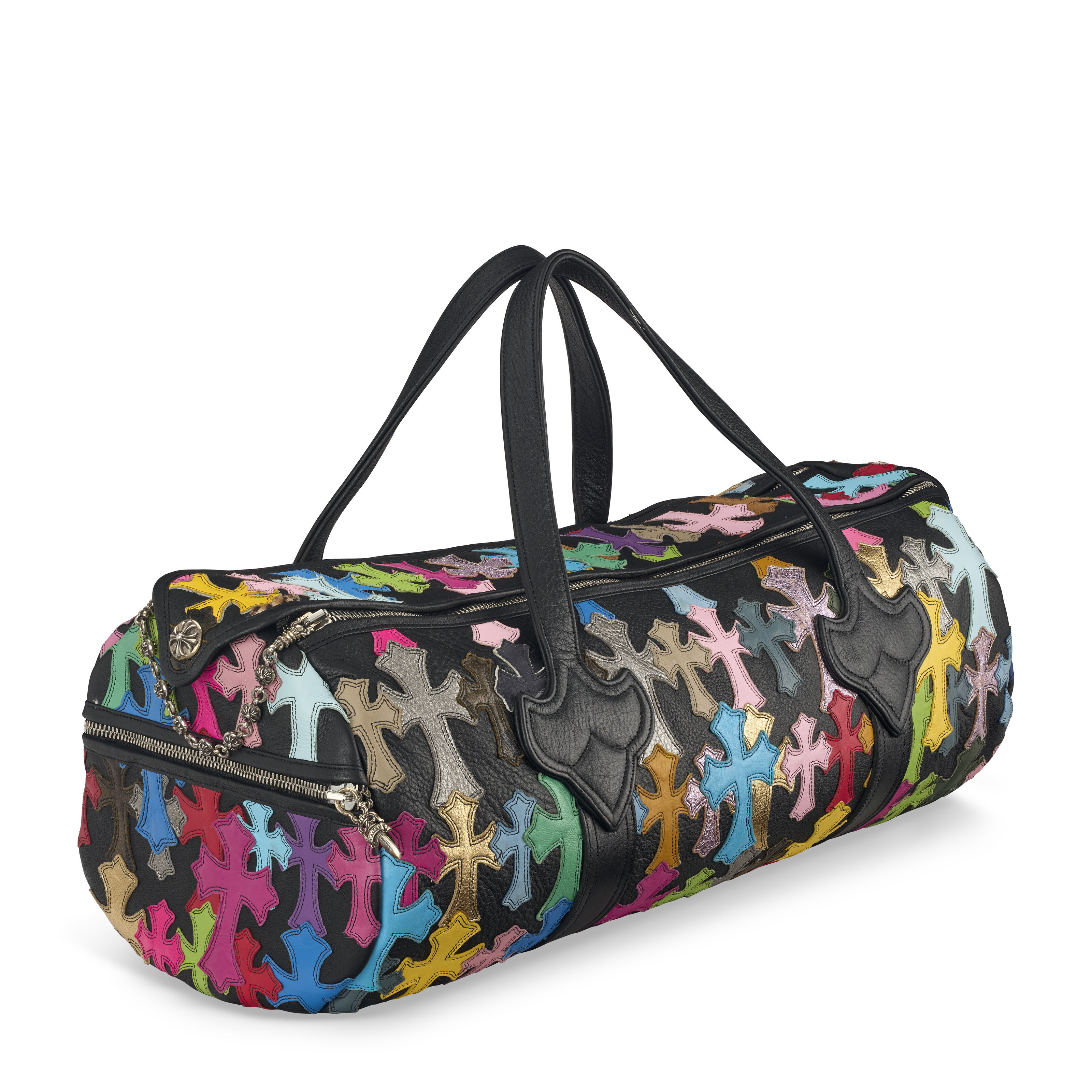 A BLACK & MULTICOLOR GRAINED LEATHER CROSS PATCH CEMETARY DUFFEL
