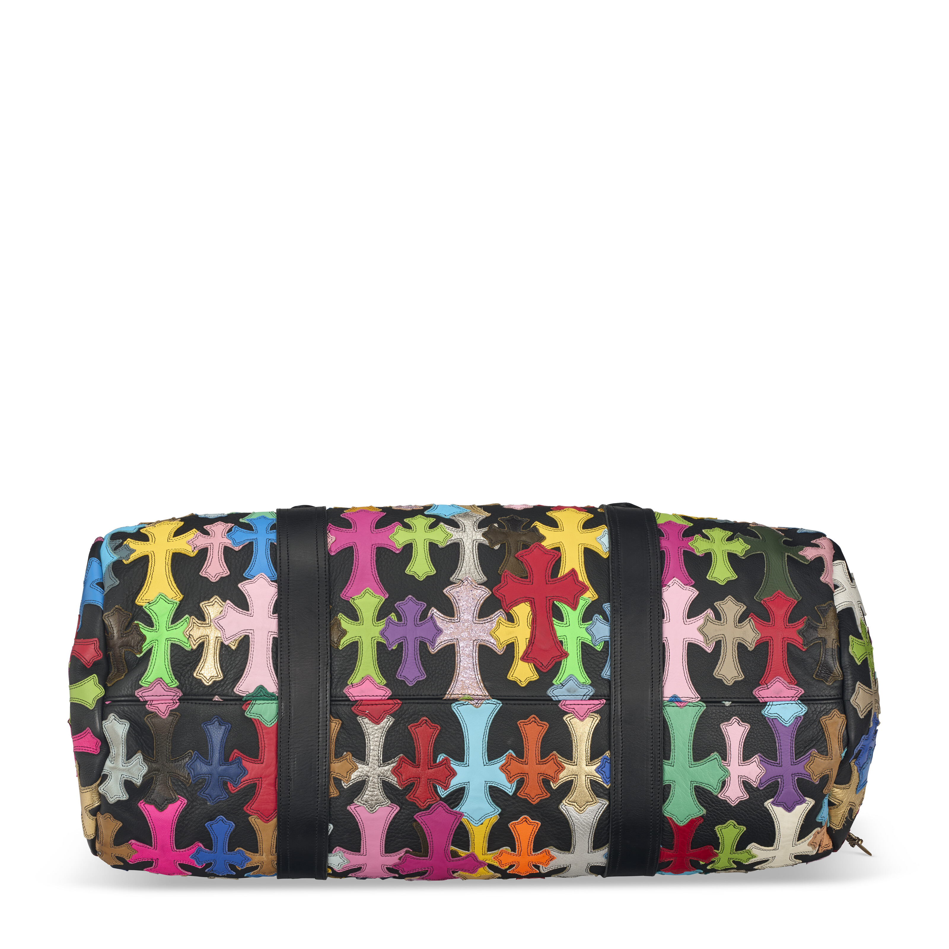 A BLACK & MULTICOLOR GRAINED LEATHER CROSS PATCH CEMETARY DUFFEL