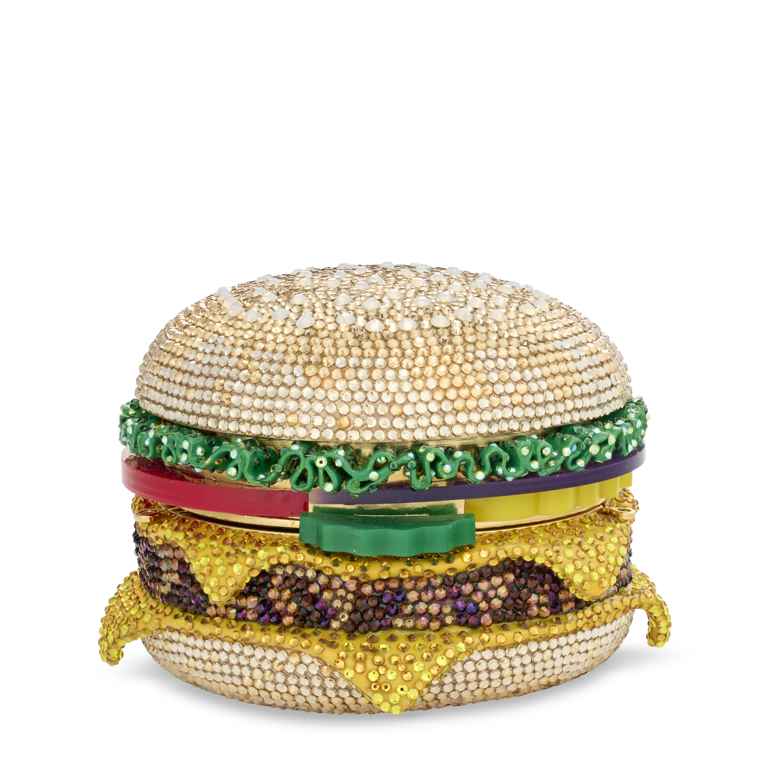 A MULTICOLOR CRYSTAL HAMBURGER CLUTCH WITH GOLD HARDWARE