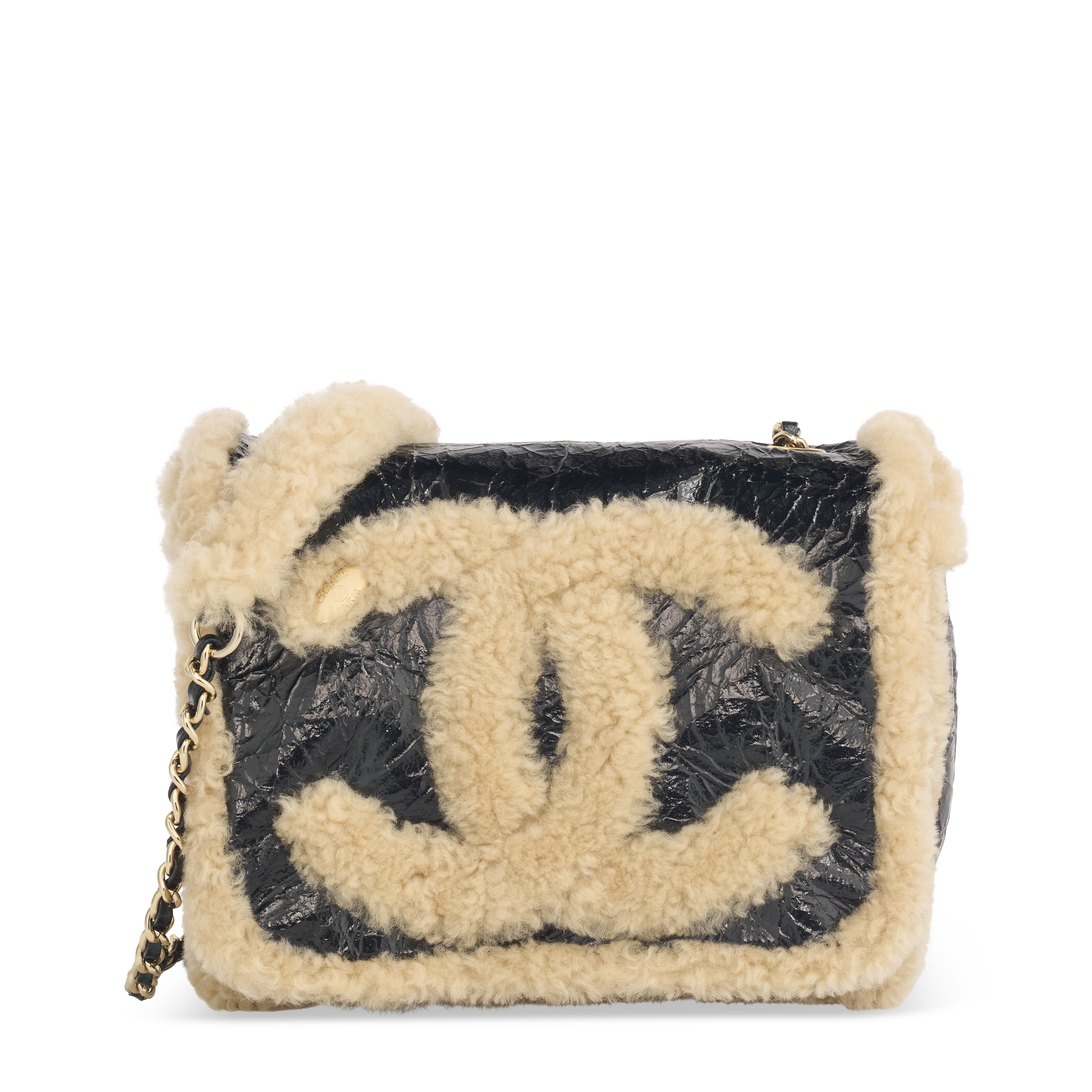 A BLACK & BEIGE CRINKLED SHEEPSKIN SHEARLING CC MANIA FLAP BAG