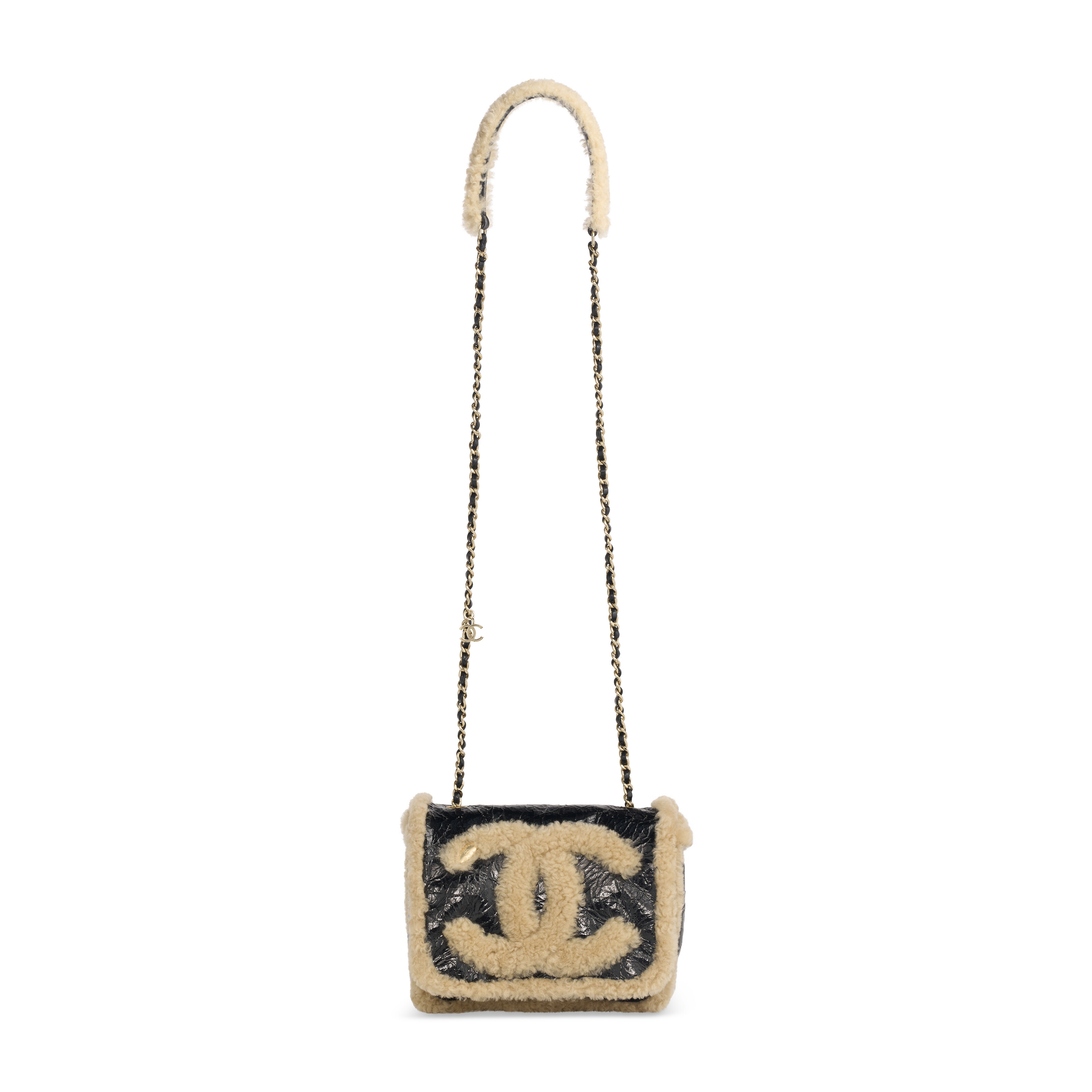 A BLACK & BEIGE CRINKLED SHEEPSKIN SHEARLING CC MANIA FLAP BAG