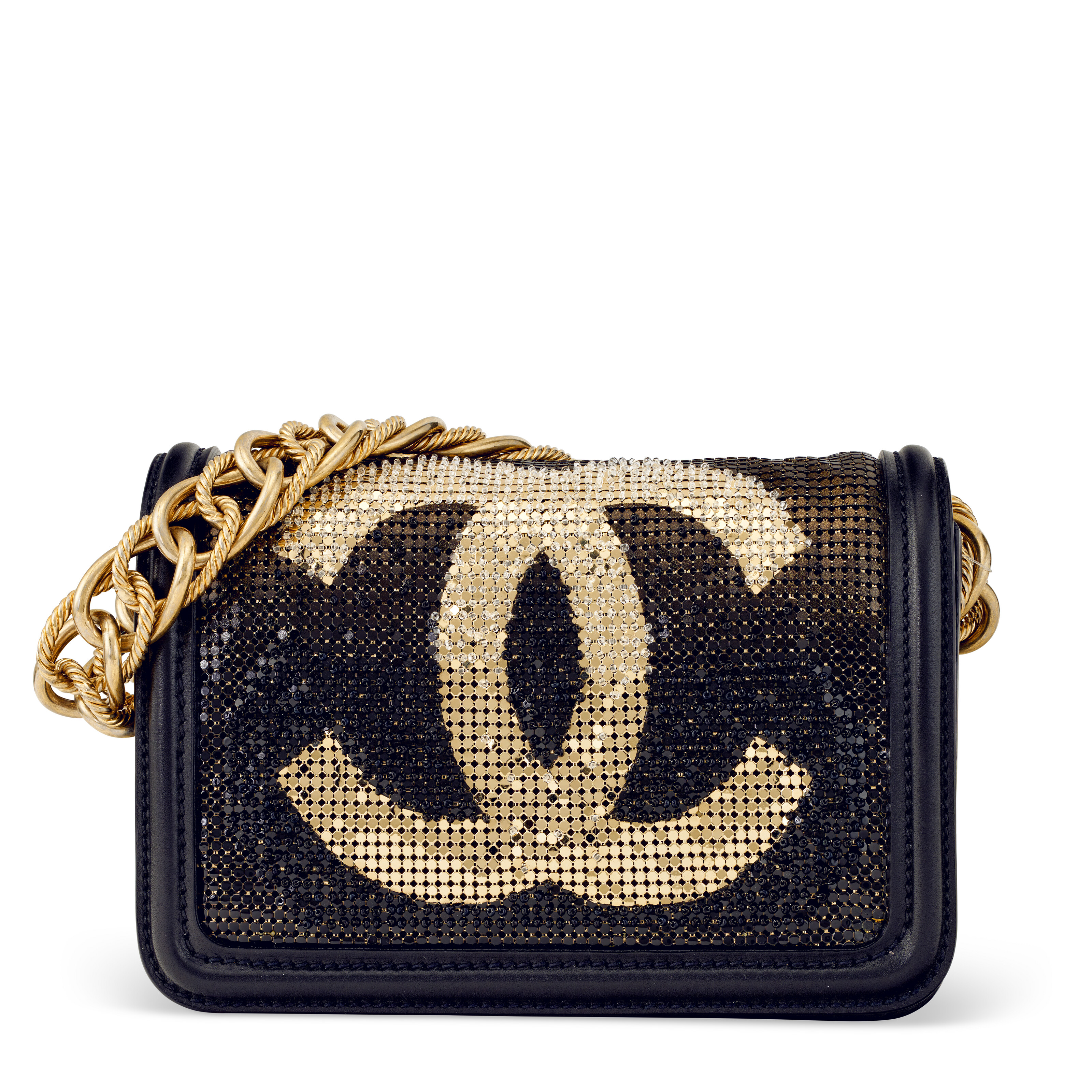 A BLACK & METALLIC GOLD CHAINMAIL AND BEADED LAMBSKIN LEATHER