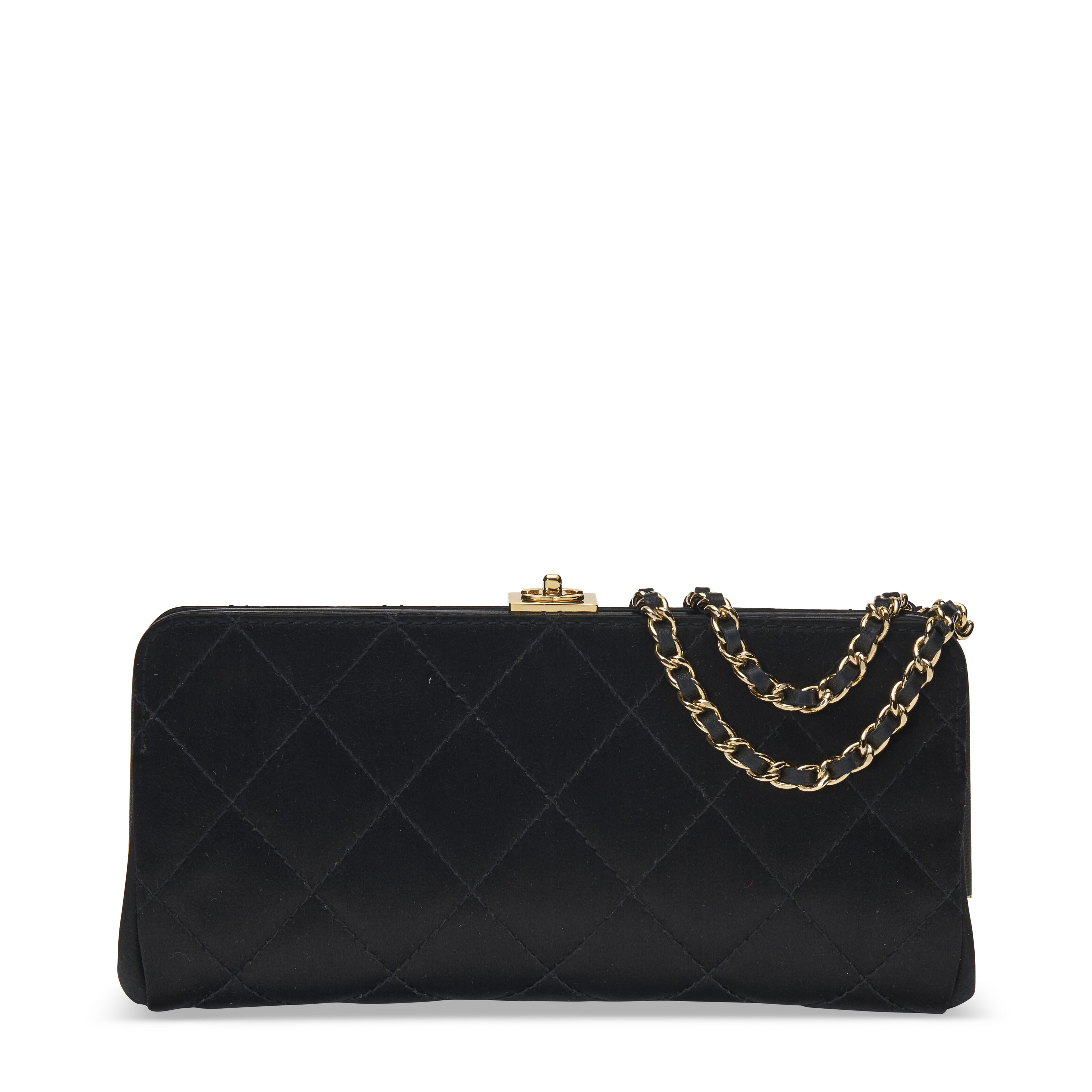 A BLACK QUILTED SATIN EVENING CLUTCH CC WRISTLET WITH GOLD