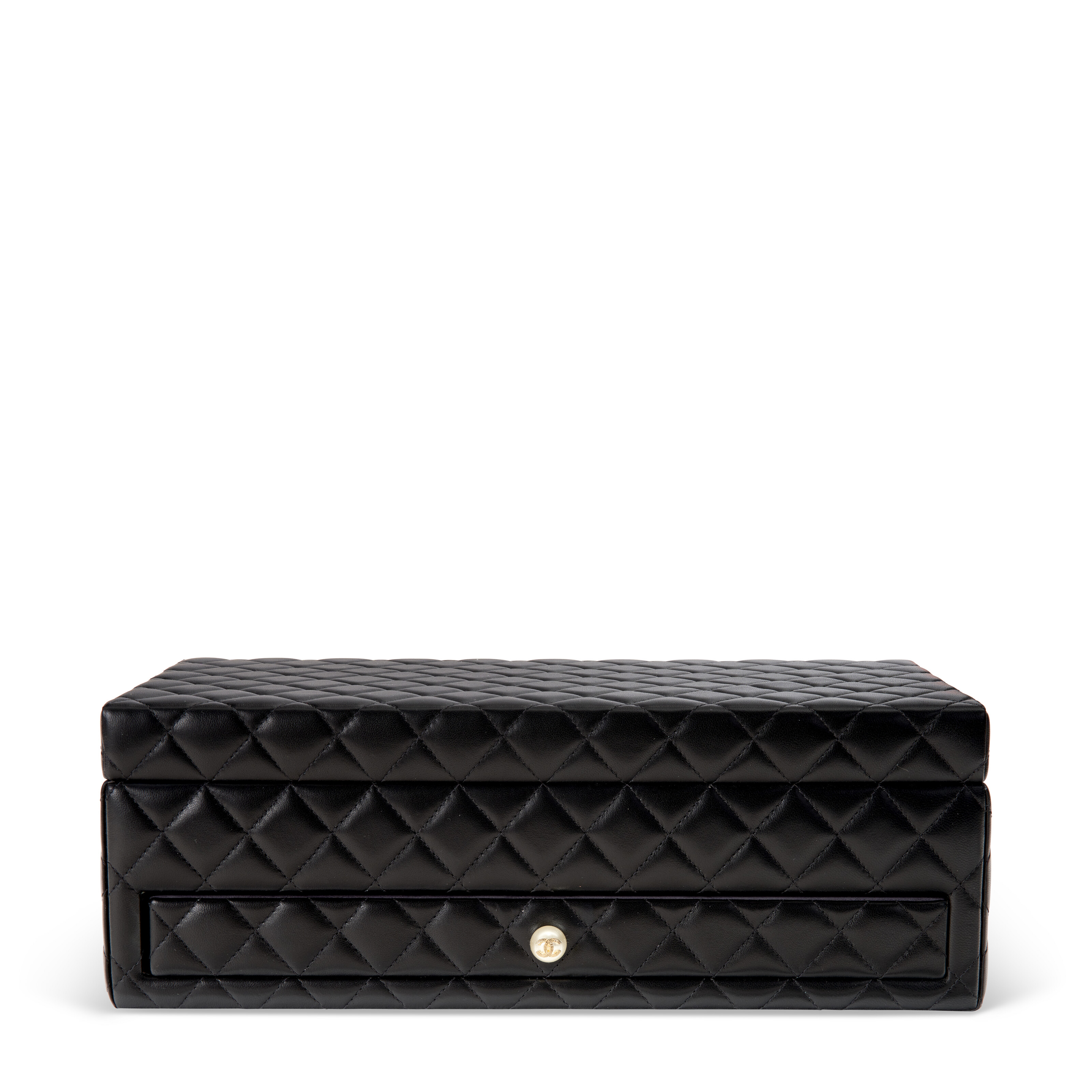 A BLACK QUILTED LAMBSKIN LEATHER & FAUX PEARL JEWELRY BOX WITH