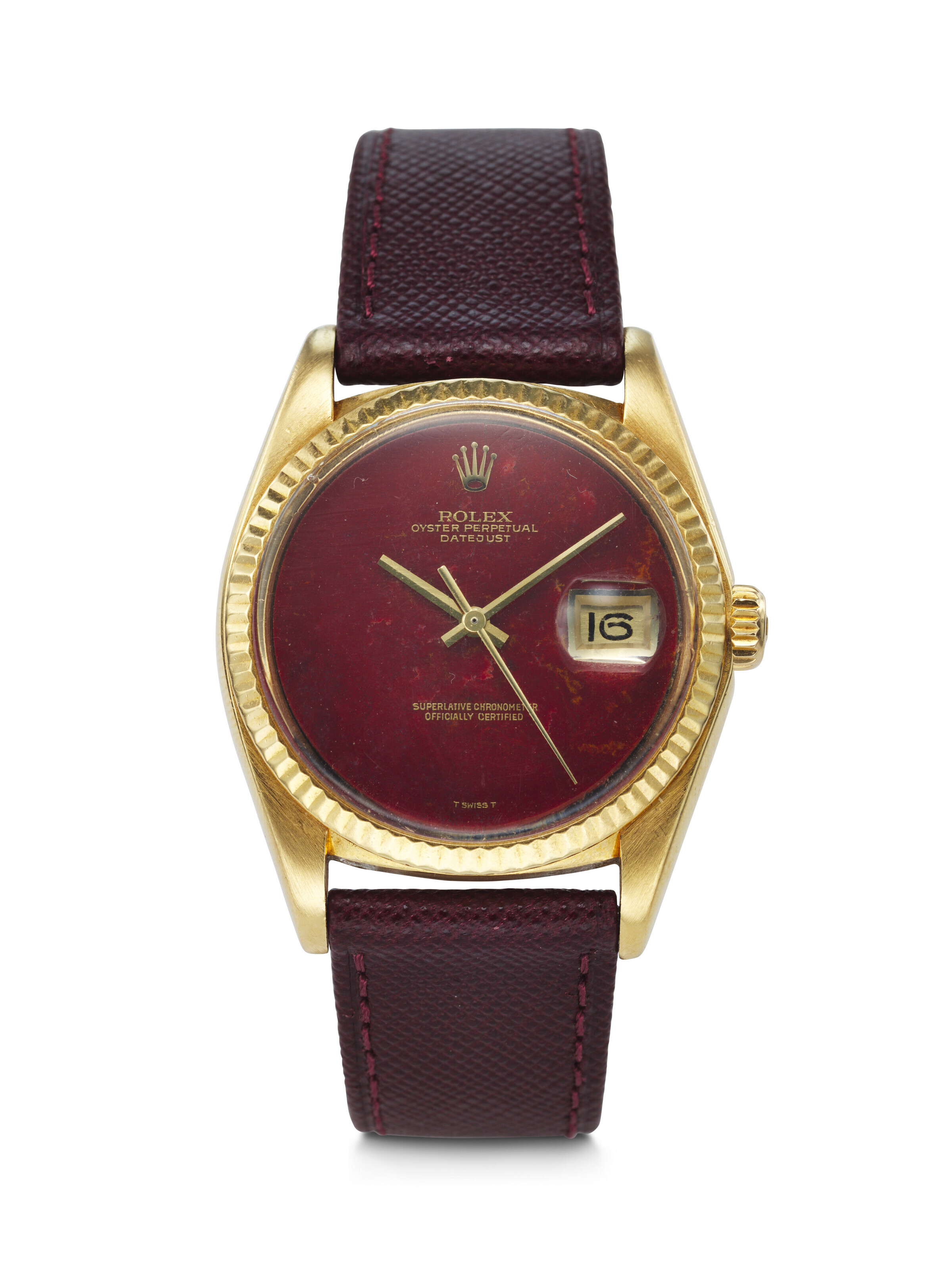 ROLEX, VERY RARE AND ATTRACTIVE YELLOW GOLD 'DATEJUST' WITH RED