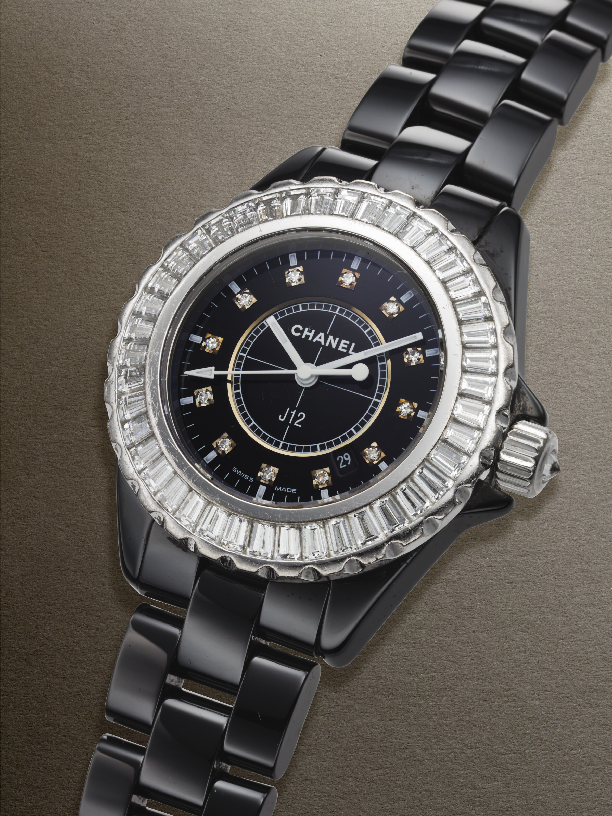 CHANEL, LIMITED EDITION CERAMIC, WHITE GOLD, AND BAGUETTE