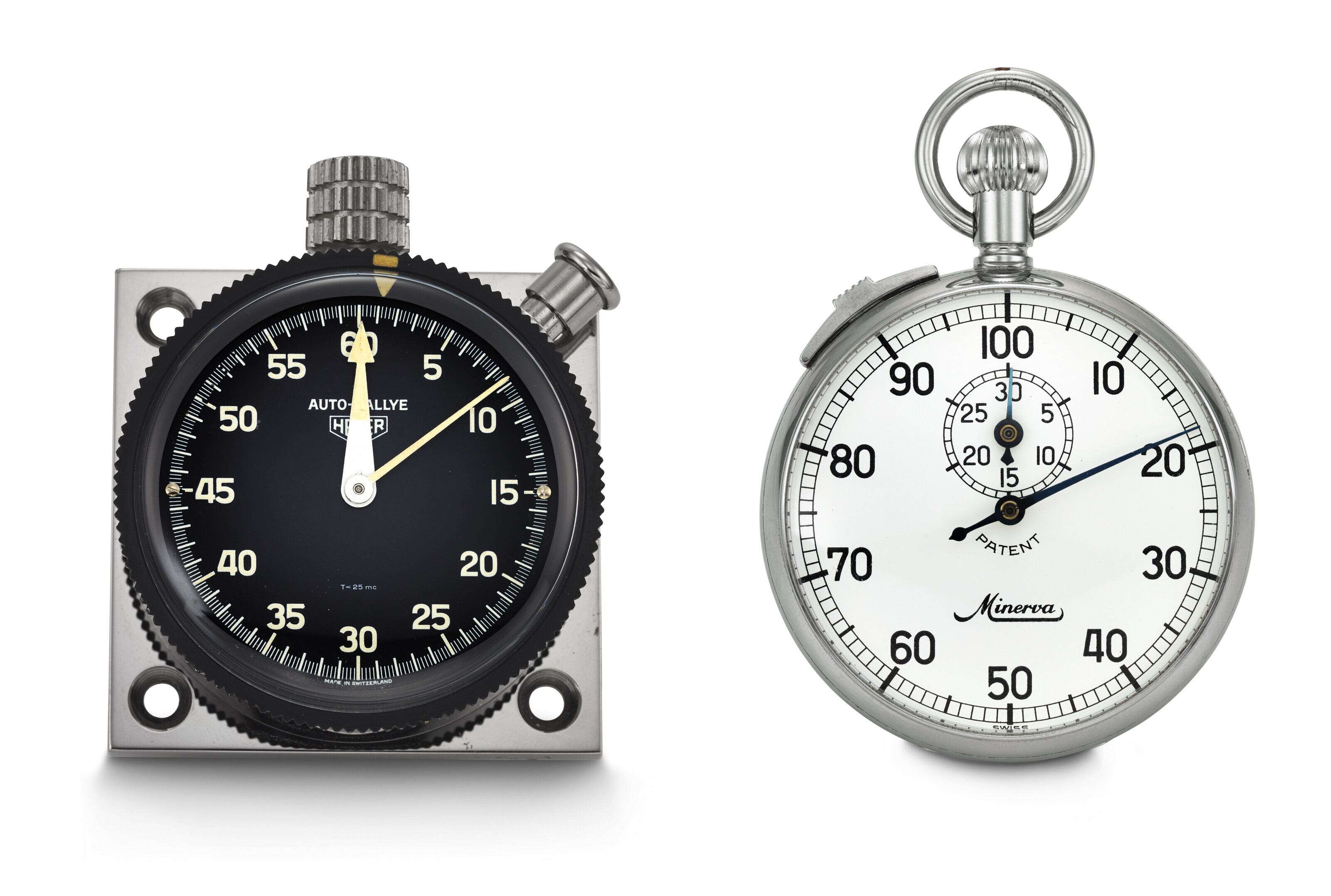 HEUER LEONIDAS AND MINERVA PAIR OF TWO STAINLESS STEEL STOPWATCHES Christie s