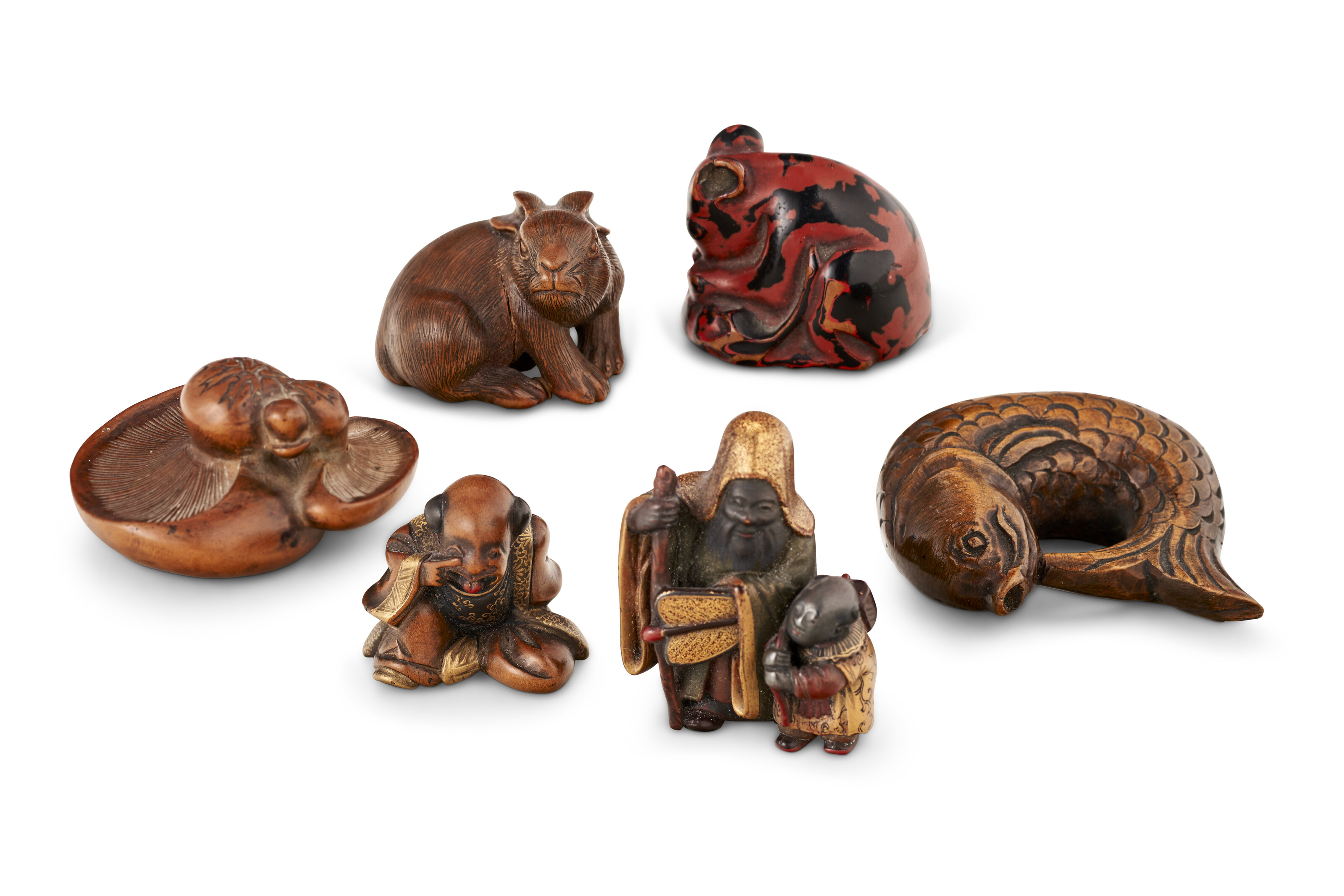 A GROUP OF SIX CARVED WOOD AND LACQUERED NETSUKE, JAPAN, 19TH-20TH ...