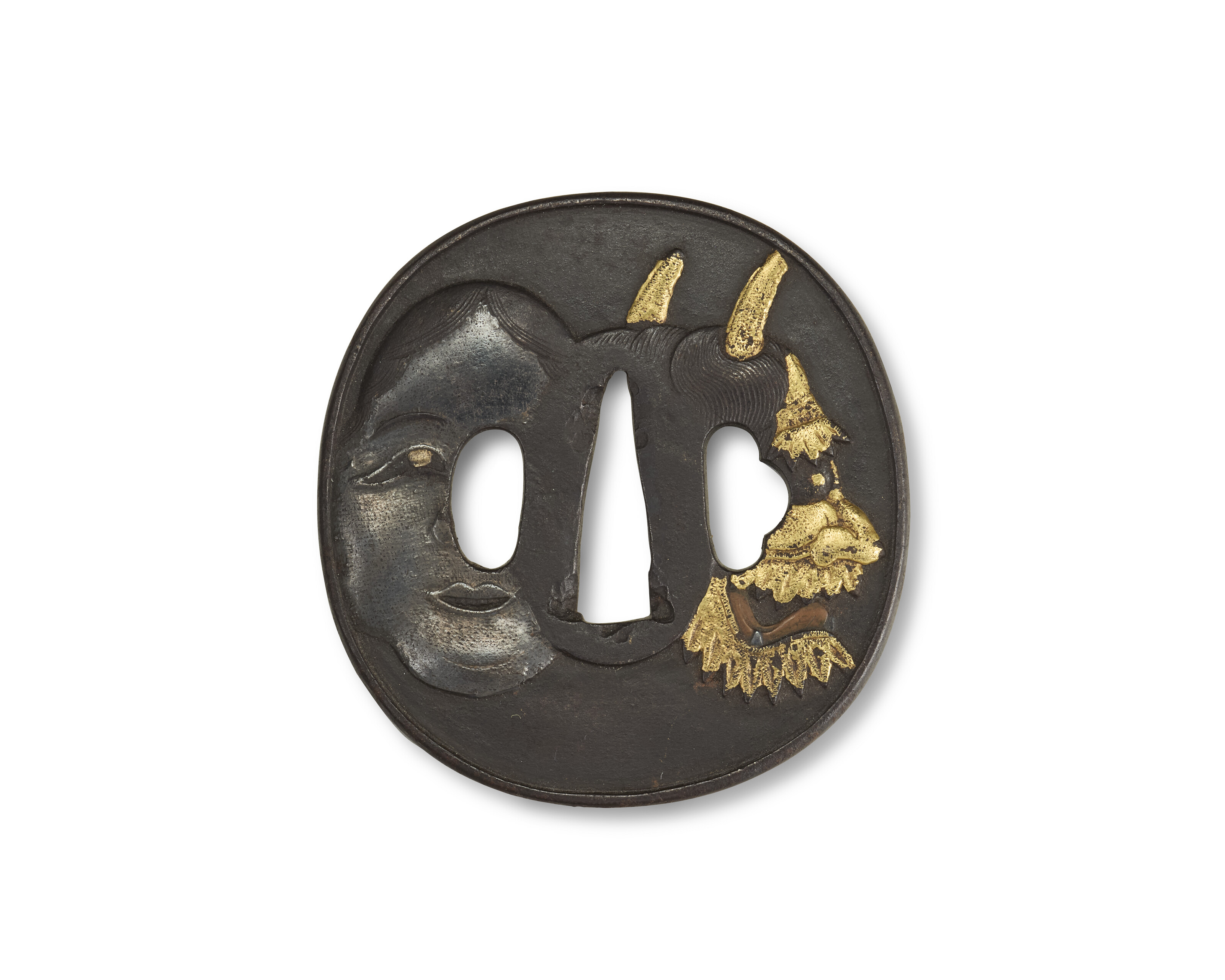 A SOFT-METAL-INLAID IRON TSUBA WITH OKAME AND ONI MASKS, EDO PERIOD  (18TH-19TH CENTURY) | Christie's