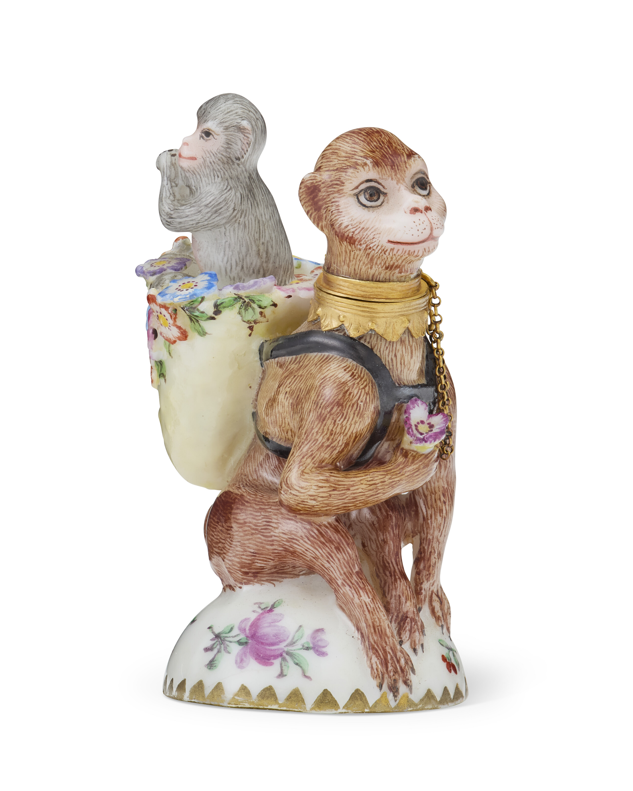 A GOLD-MOUNTED CHELSEA PORCELAIN MONKEY-FORM SCENT BOTTLE, CIRCA