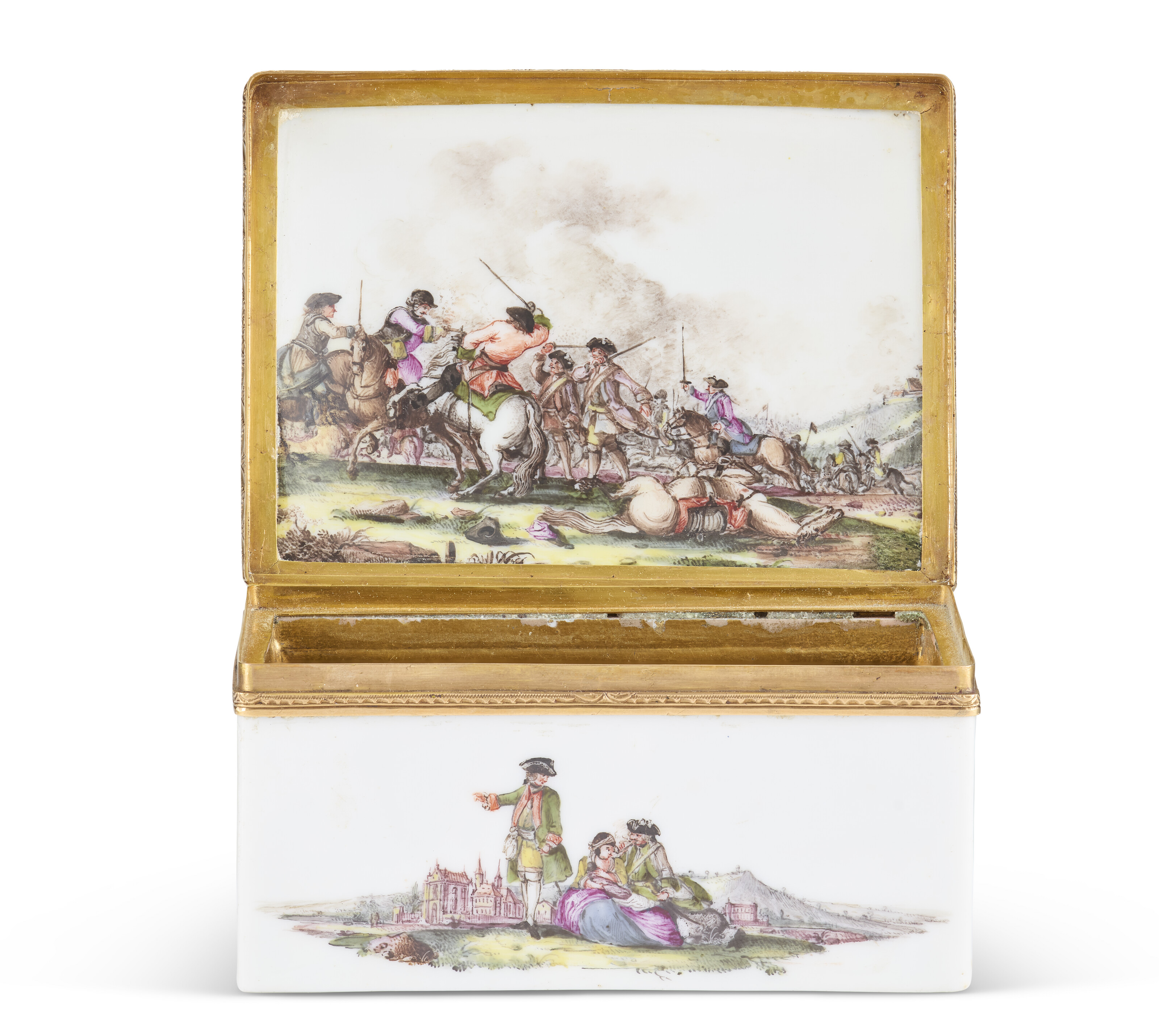 TWO GOLD-MOUNTED MEISSEN PORCELAIN SNUFF BOXES, THE PORCELAIN MID