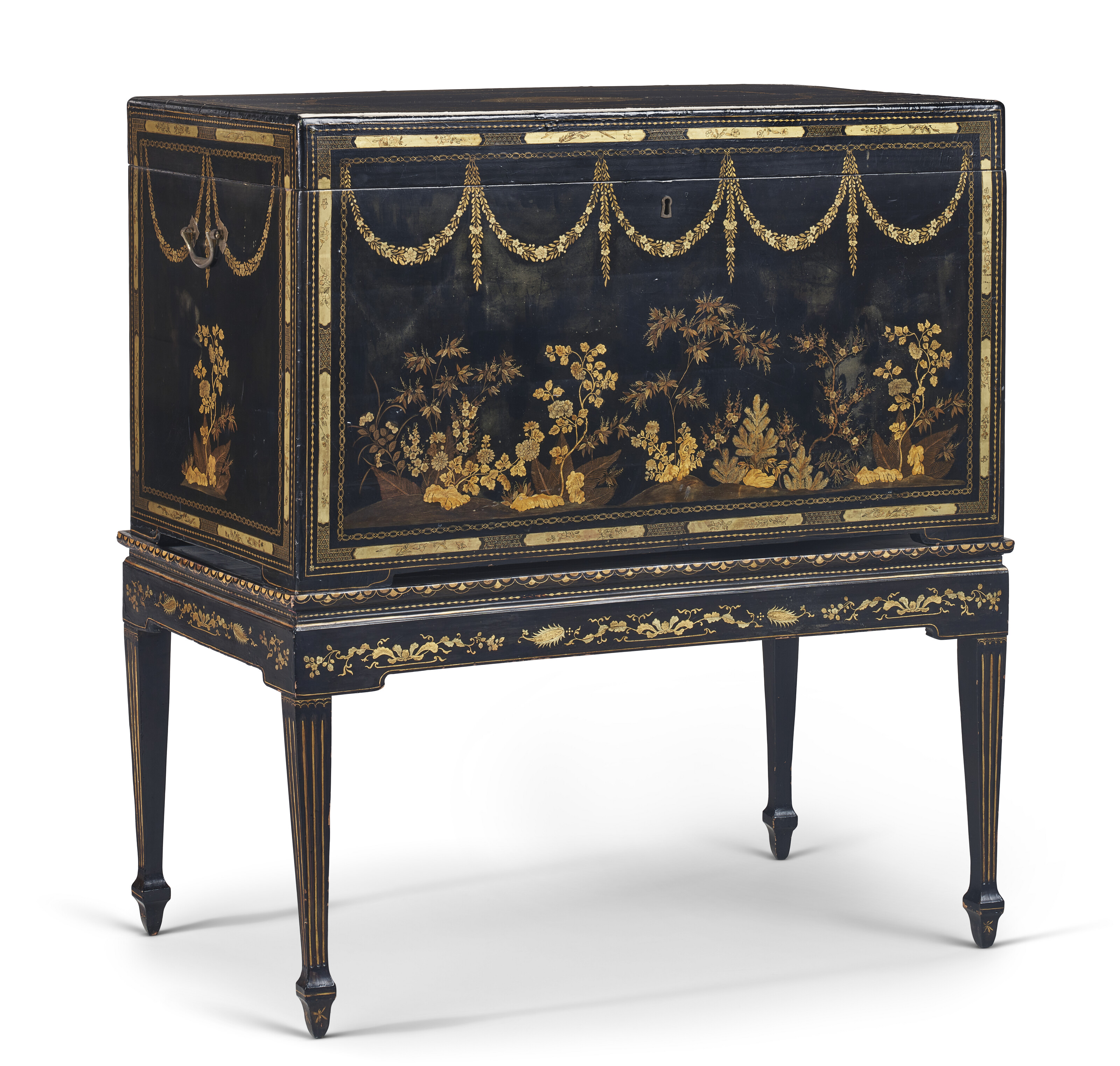 A CHINESE EXPORT BLACK AND GILT LACQUER CHEST-ON-STAND, LATE 18TH