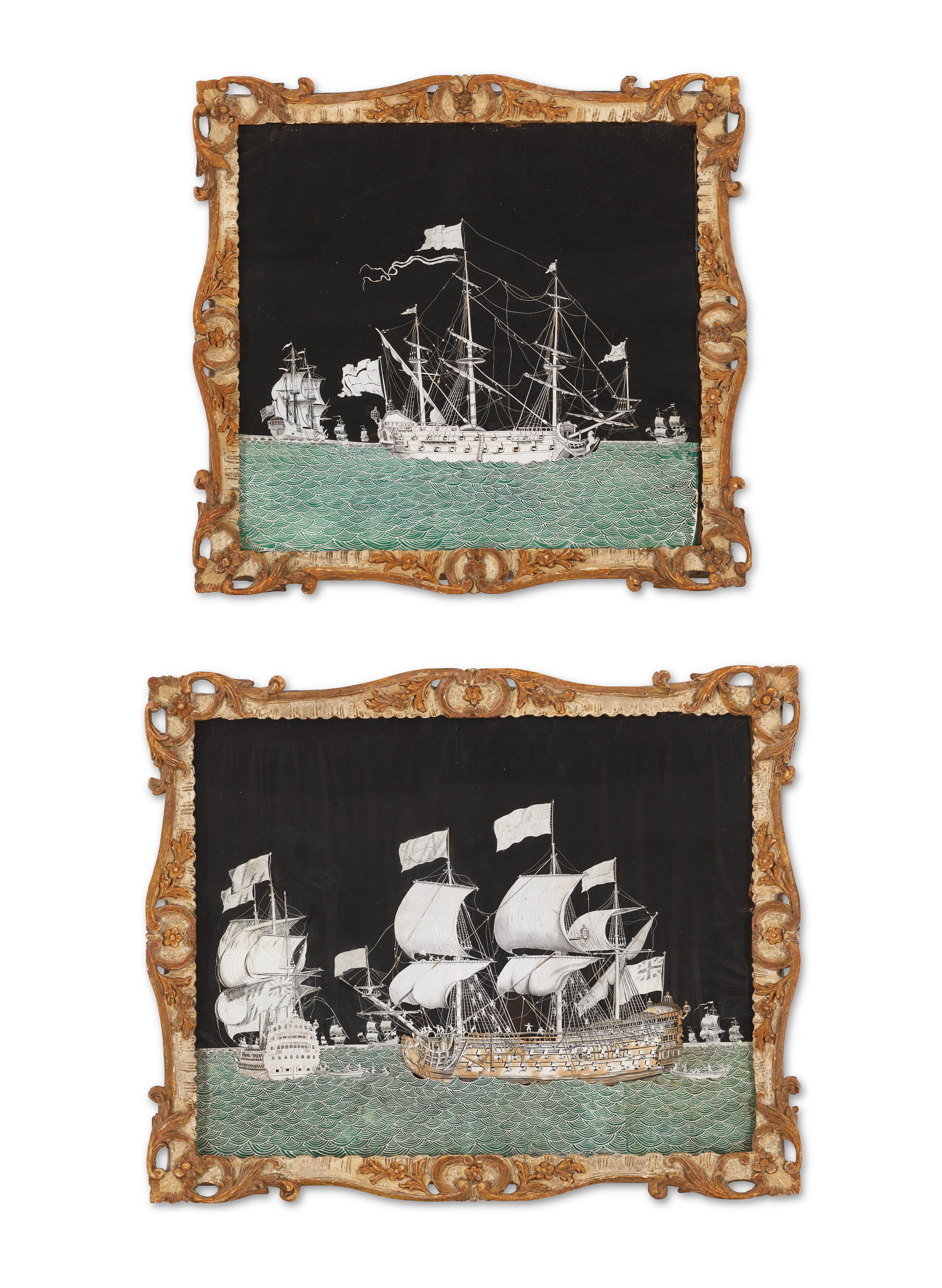 A SET OF TWO GEORGE II CUT-PAPER PICTURES OF SHIPS, MID-18TH CENTURY ...