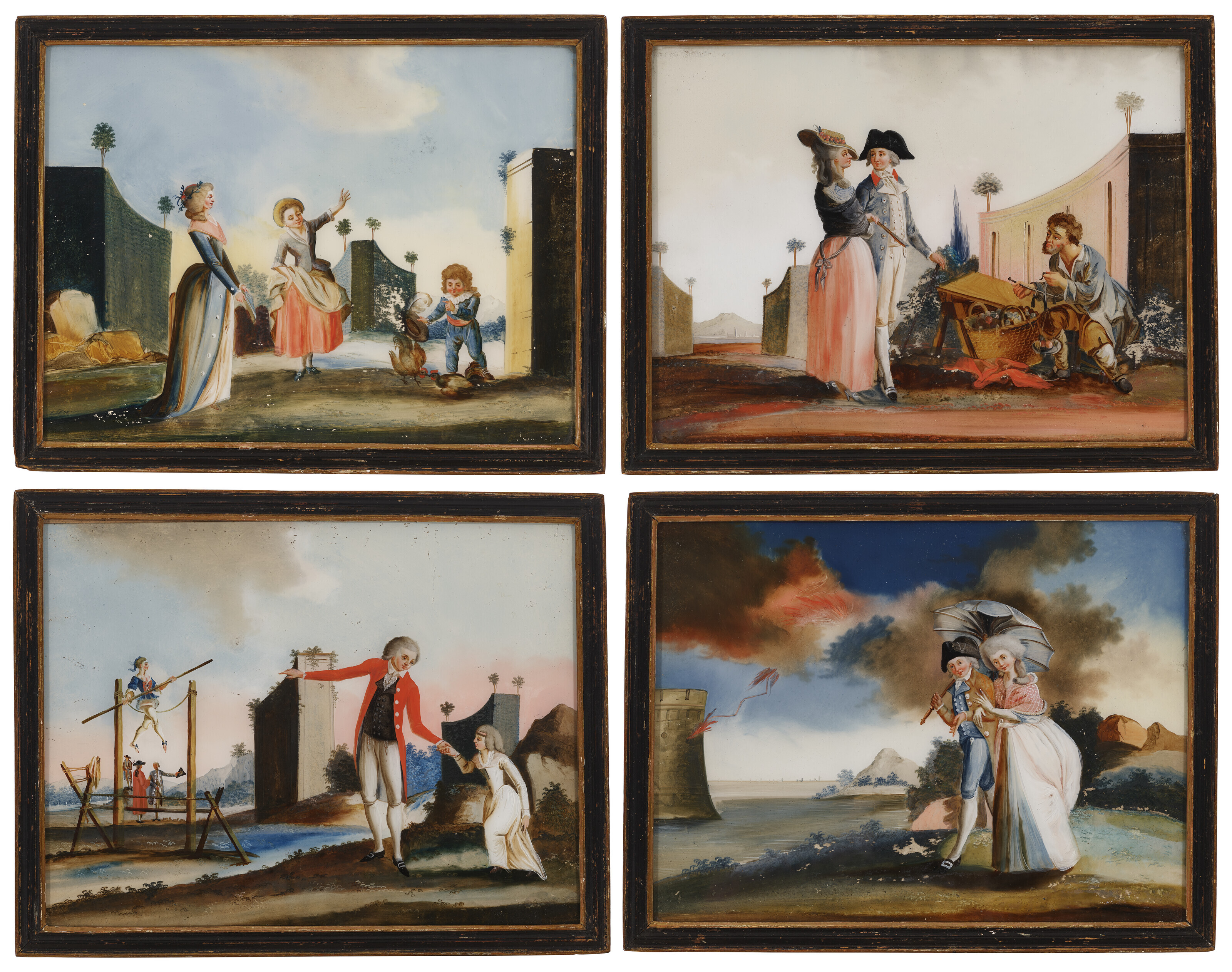 ローマ・コンスタンティノープル青銅セット A SET OF FOUR REVERSE PAINTED PANELS, PROBABLY ITALIAN, LATE 18TH