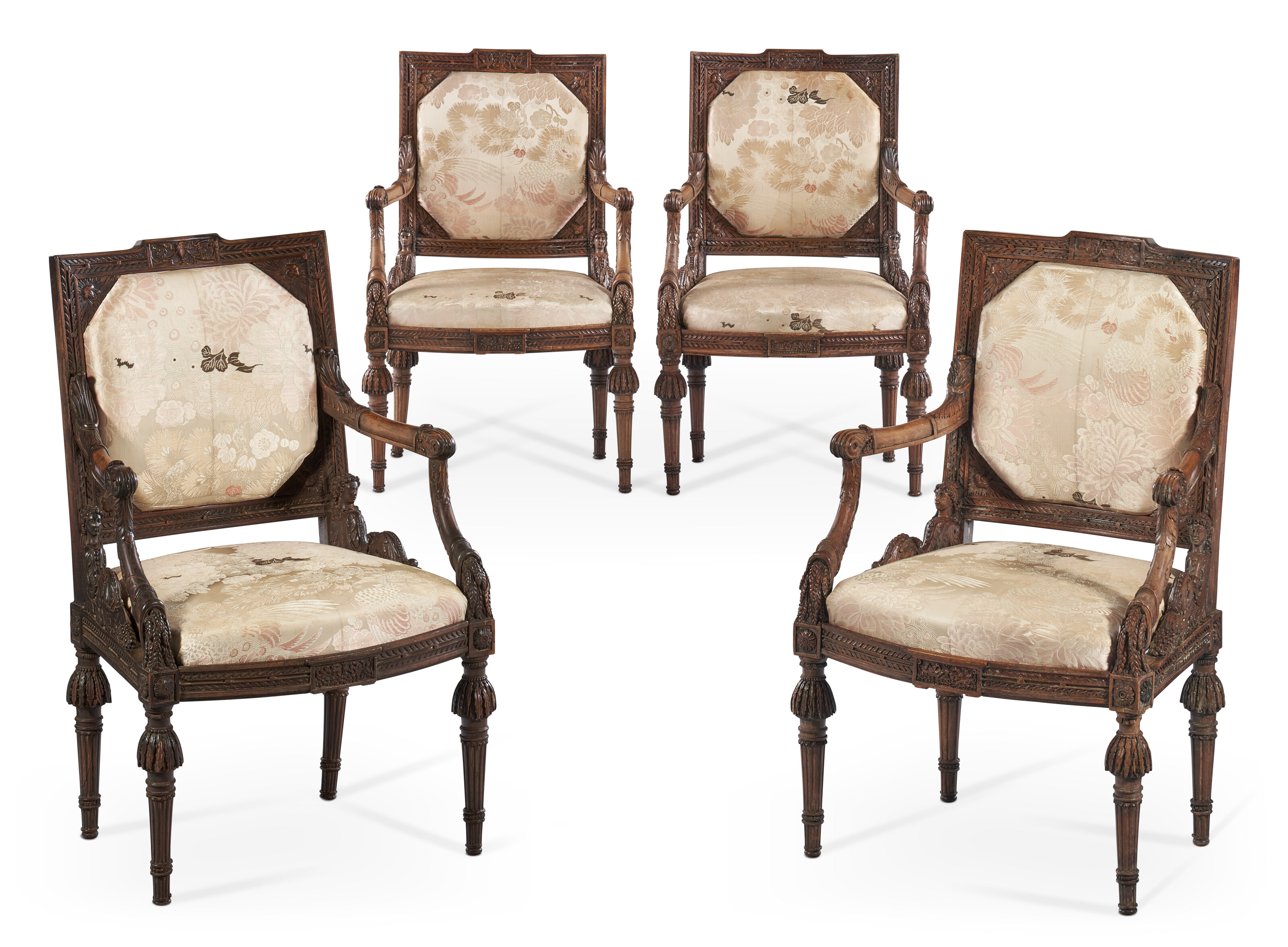 A SET OF FOUR AUSTRIAN WALNUT ARMCHAIRS, POSSIBLY VIENNA, THREE CIRCA ...