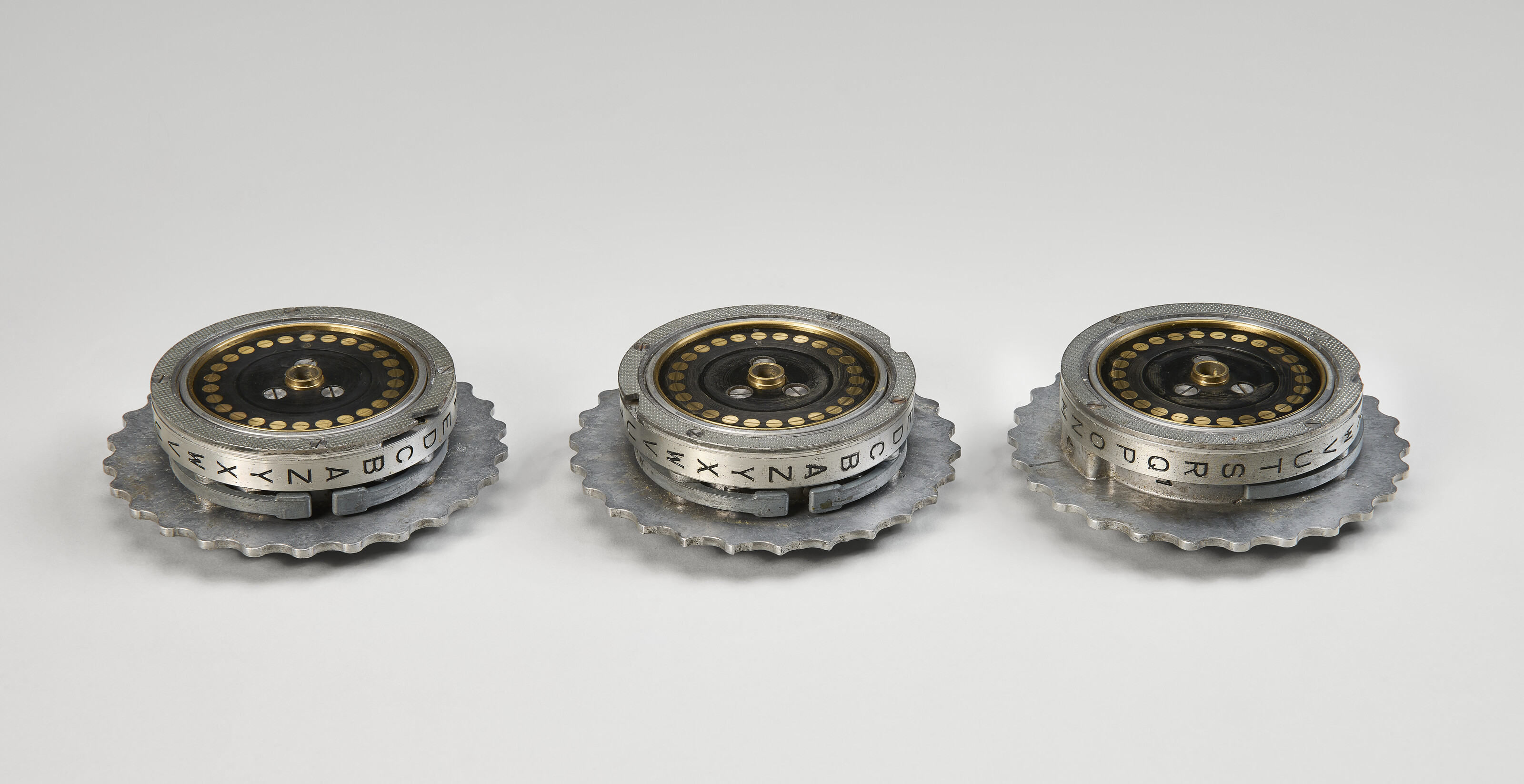Three of the four rotors from an M4 Enigma machine. The upgraded model defeated the efforts of Allied codebreakers for 10 months