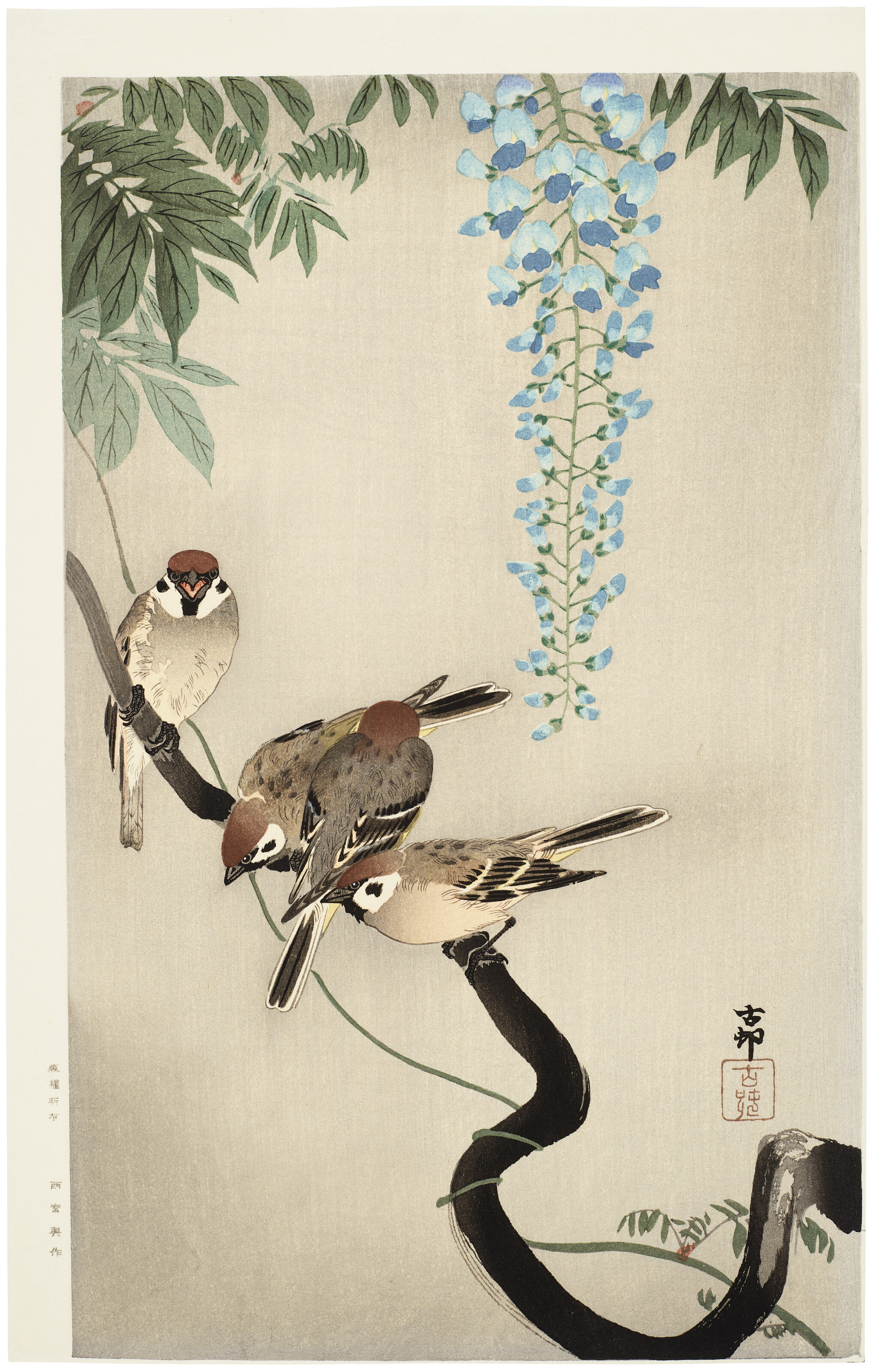 小原古邨 (Ohara Koson) (1877～1945) 木版画 蓮に雀 (Lotus and