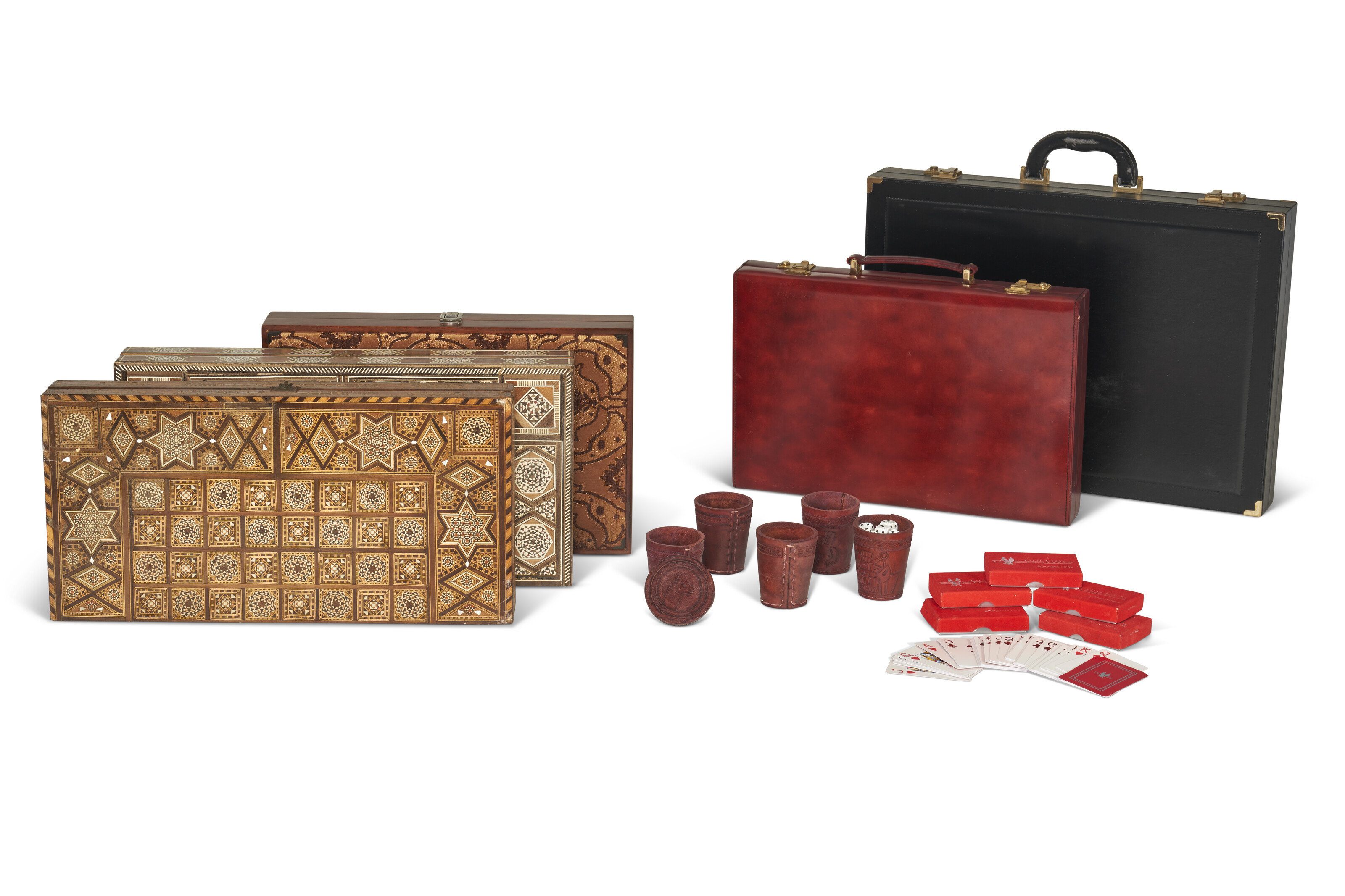 A GROUP OF BACKGAMMON SETS AND VARIOUS GAMING ACCESSORIES, 20TH CENTURY ...