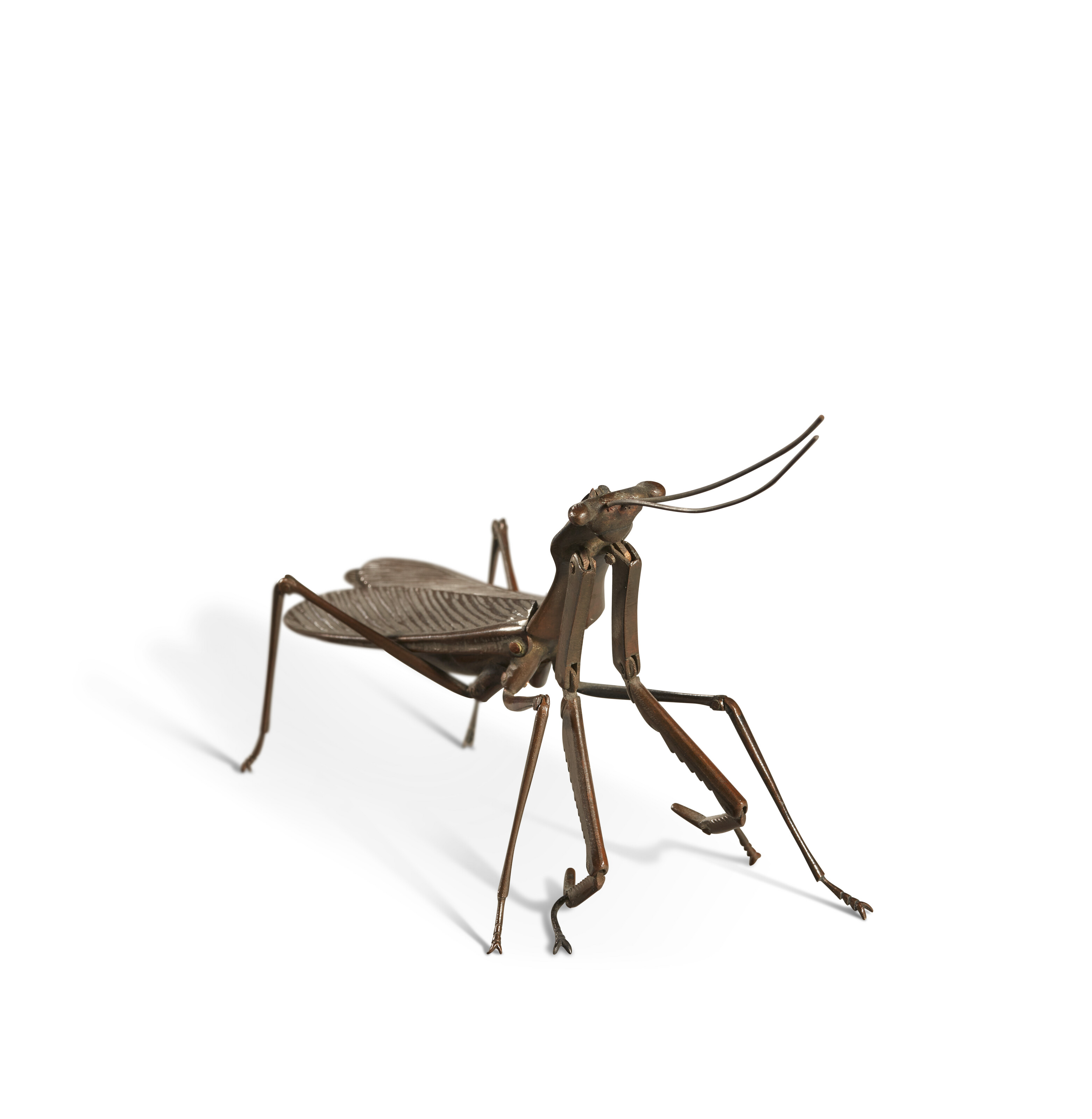 A BRONZE ARTICULATED MODEL OF A PRAYING MANTIS, JIZAI OKIMONO