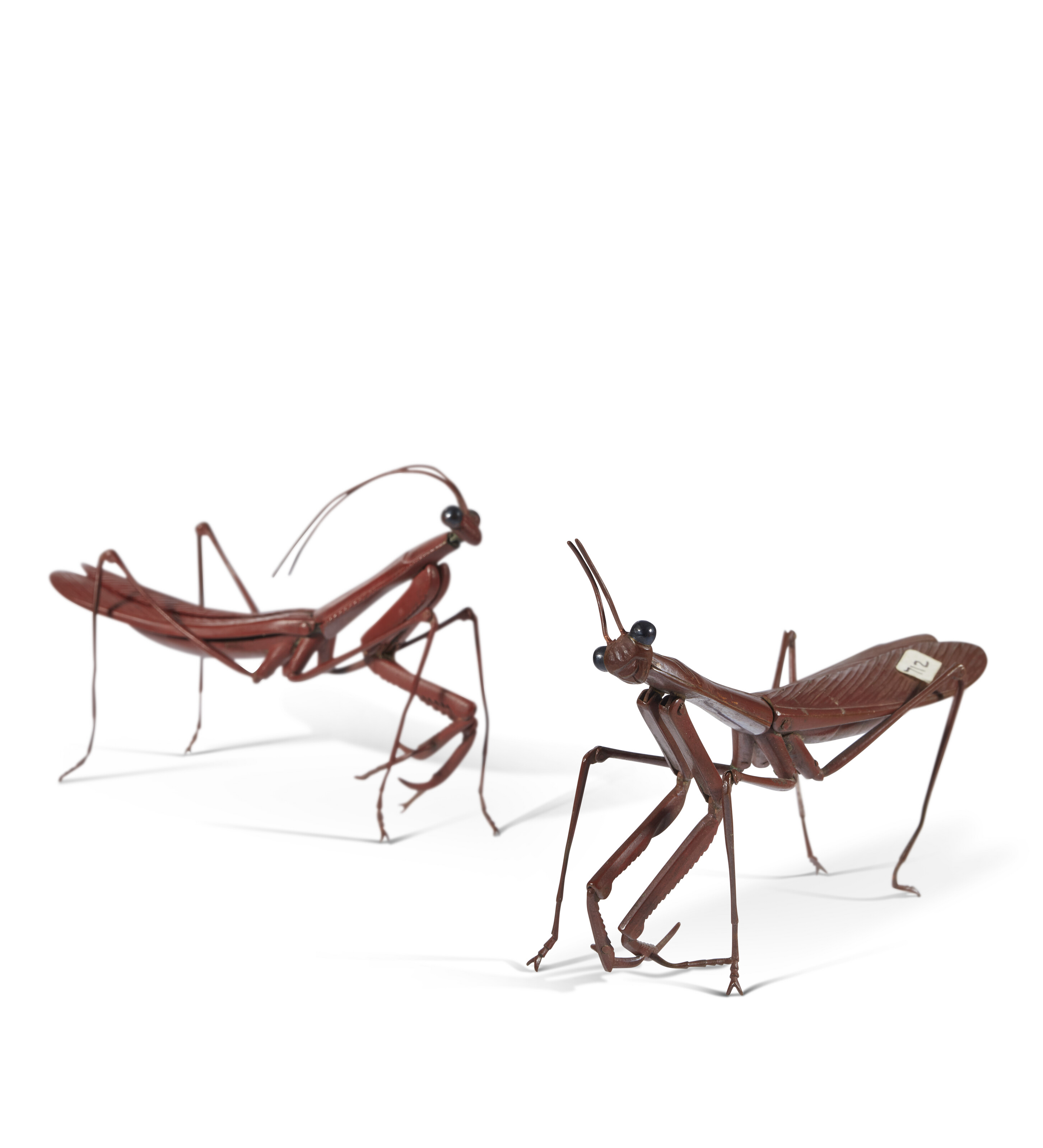 TWO ARTICULATED COPPER MODELS OF PRAYING MANTIS, JIZAI OKIMONO