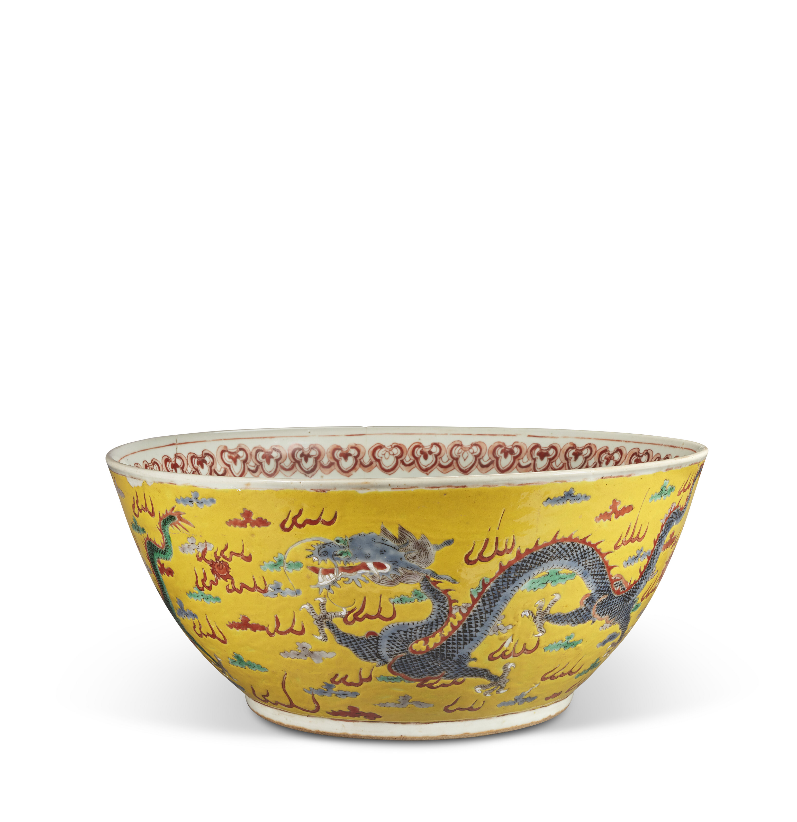 A LARGE YELLOW-GROUND FAMILLE ROSE 'DRAGON' BOWL, CHINA, QING
