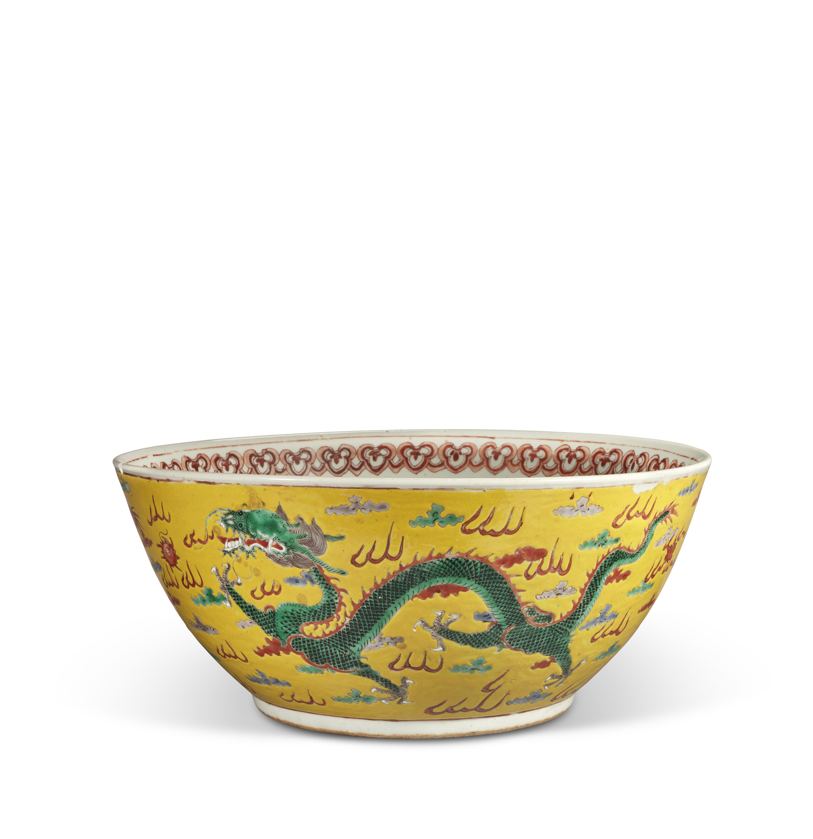 A LARGE YELLOW-GROUND FAMILLE ROSE 'DRAGON' BOWL, CHINA, QING