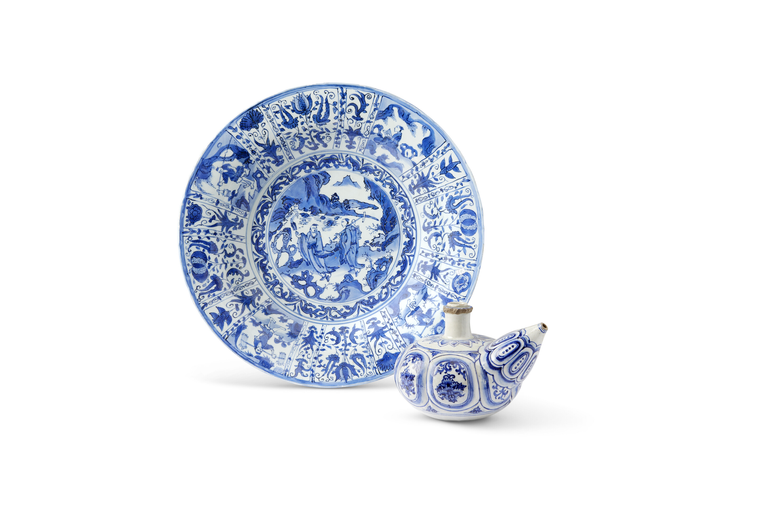 清孔雀蓝釉壶、炉、笔山及盘一组六件, CHINA, QING DYNASTY (1644-1911