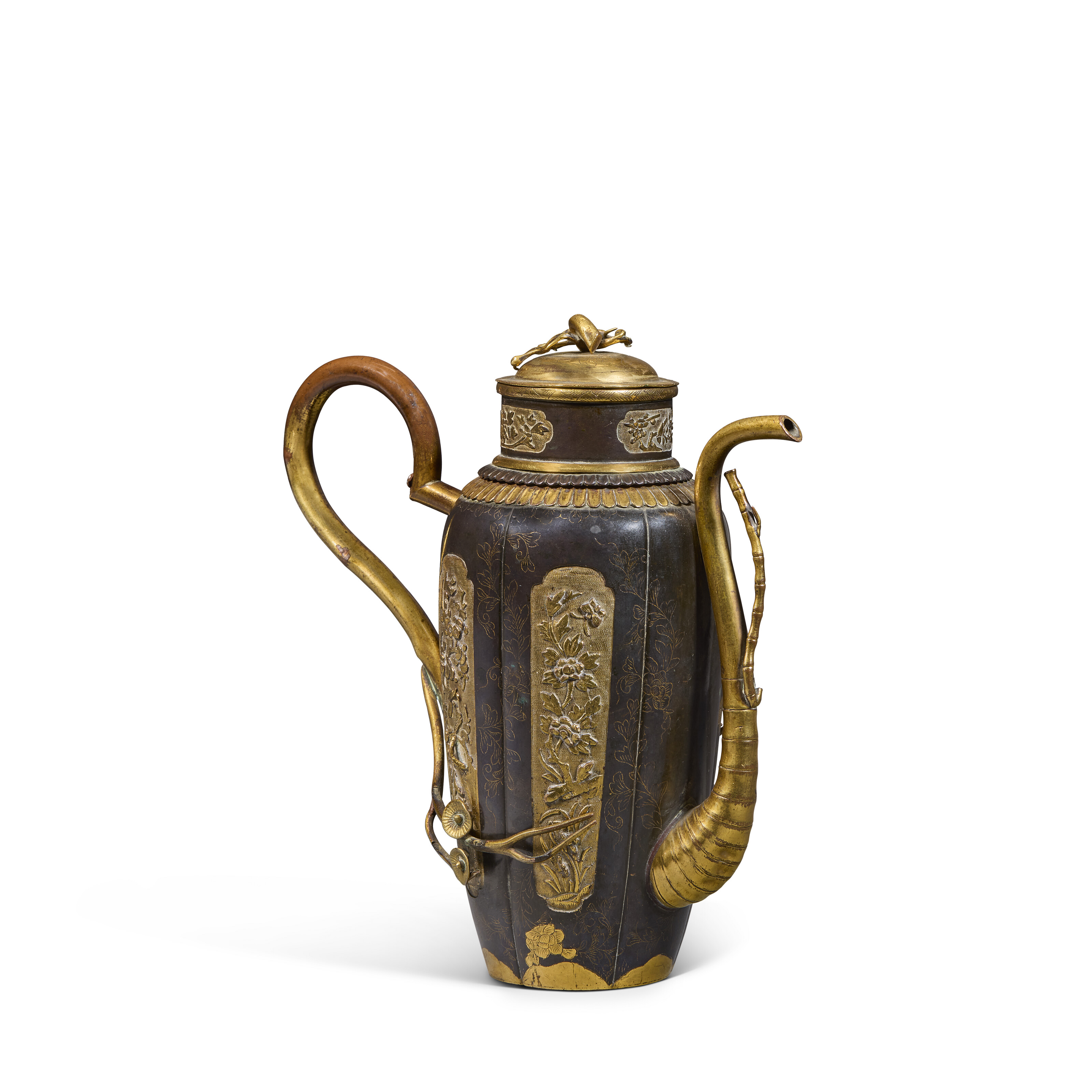 十七/十八世纪局部鎏金铜开光花卉纹执壶, CHINA, 17TH-18TH CENTURY