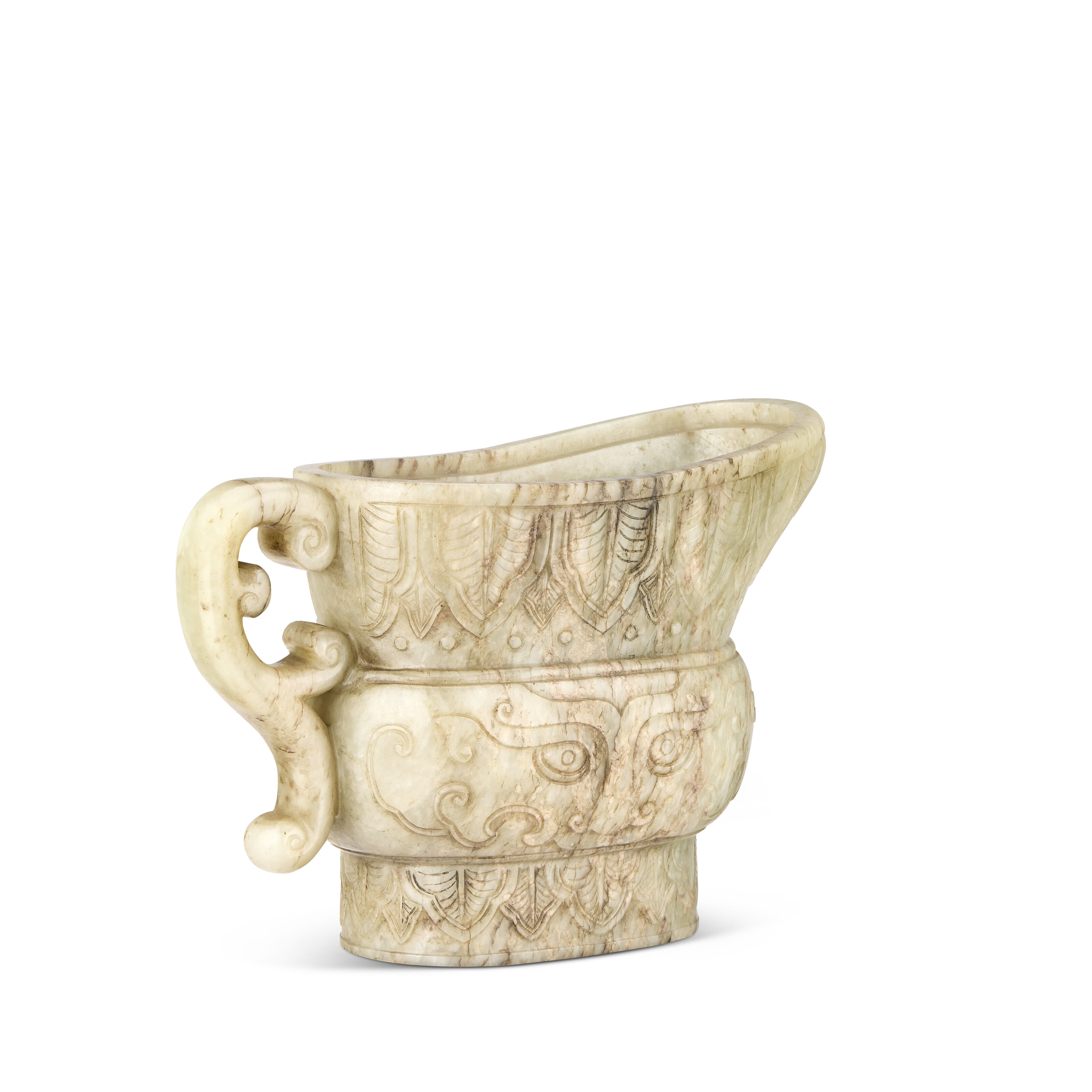 清十七世纪末青白玉带皮兽面纹仿古匜式杯, CHINA, QING DYNASTY