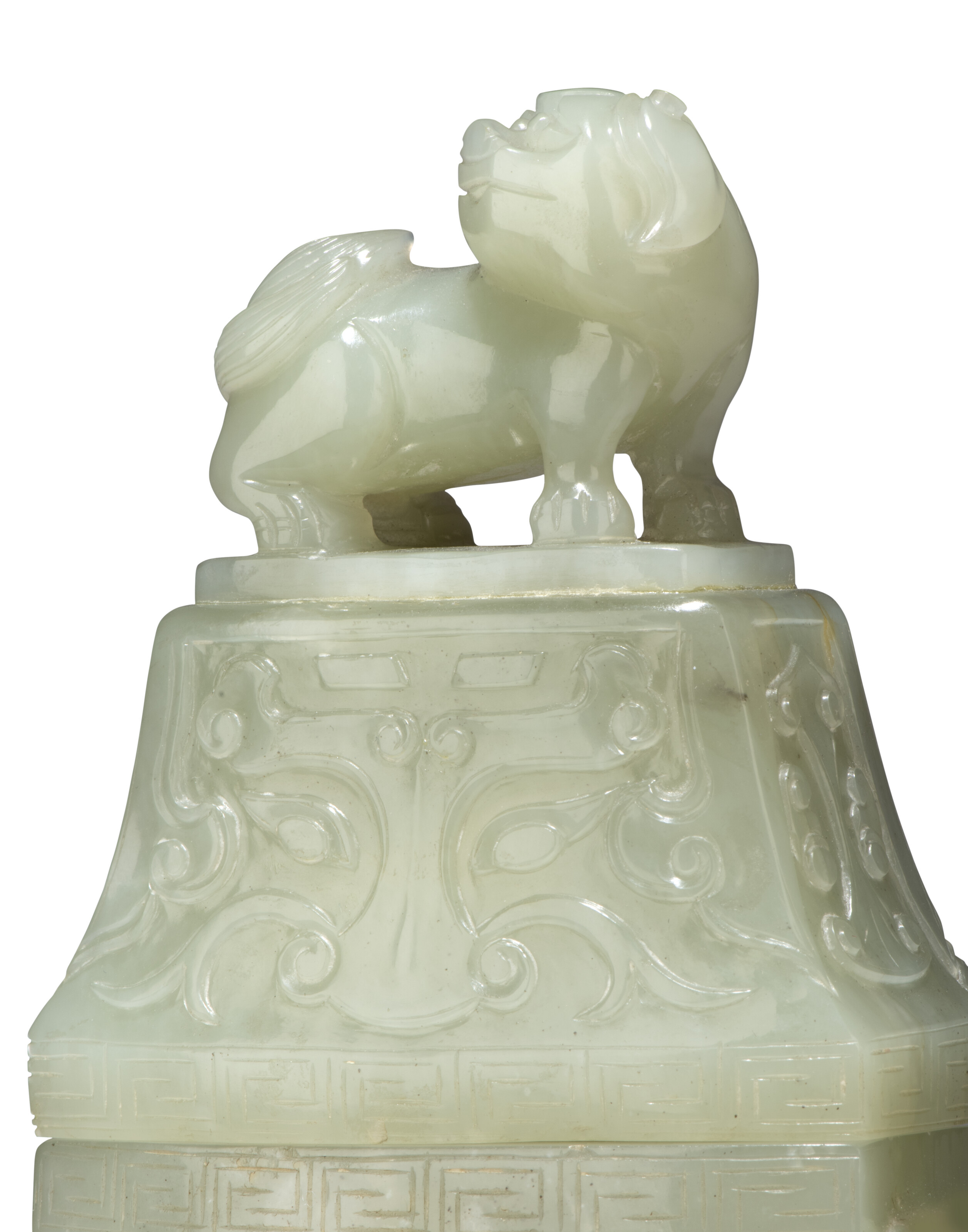 清十九世纪青白玉兽面纹仿古方盖瓶, CHINA, QING DYNASTY, 19TH