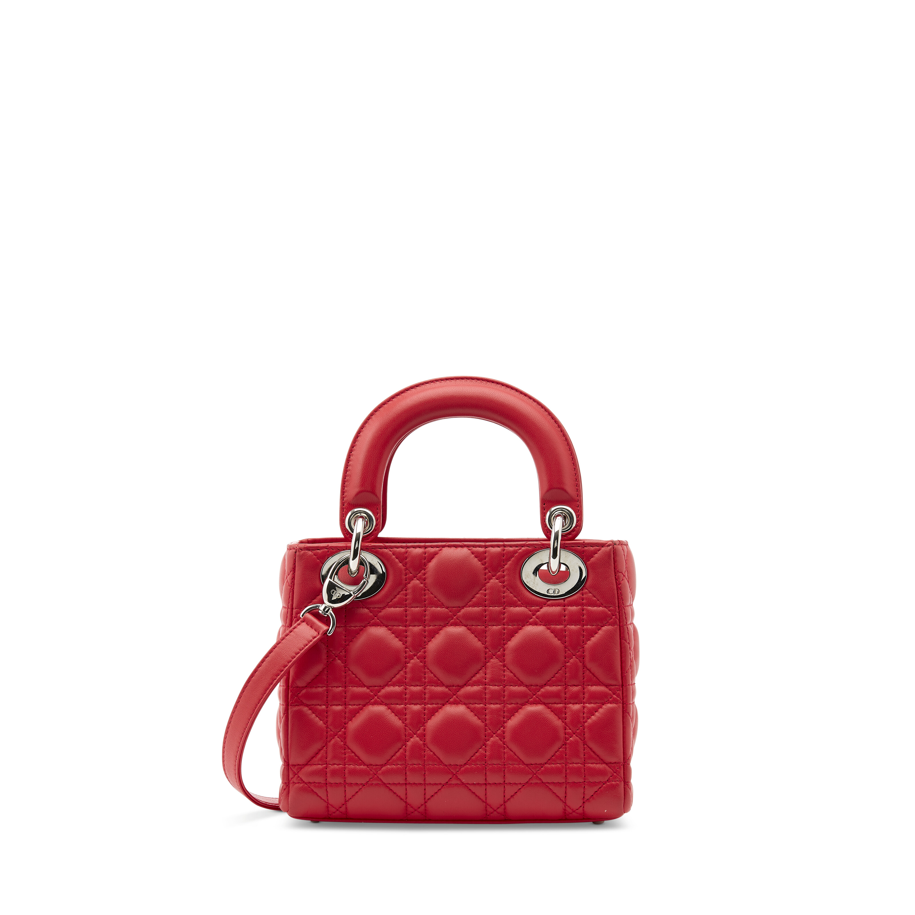 A BRIGHT RED CANNAGE LAMBSKIN LEATHER MINI LADY DIOR WITH SILVER