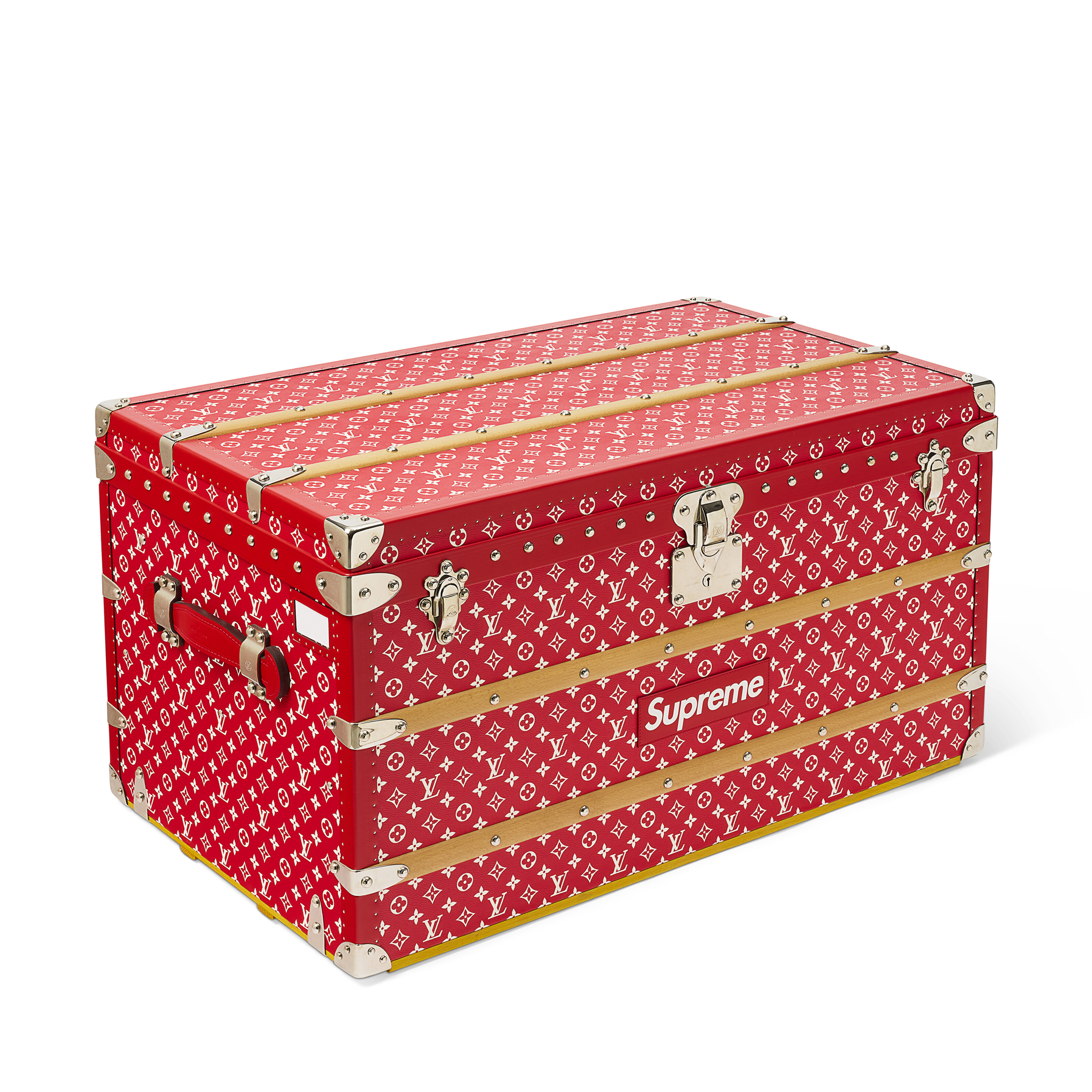 A limited edition Red and White Monogram Courrier 90 trunk with silver hardware by Supreme, Louis Vuitton, 2017, offered in Handbags Online: The Paris Edit, until 25 April 2024 at Christie's Online
