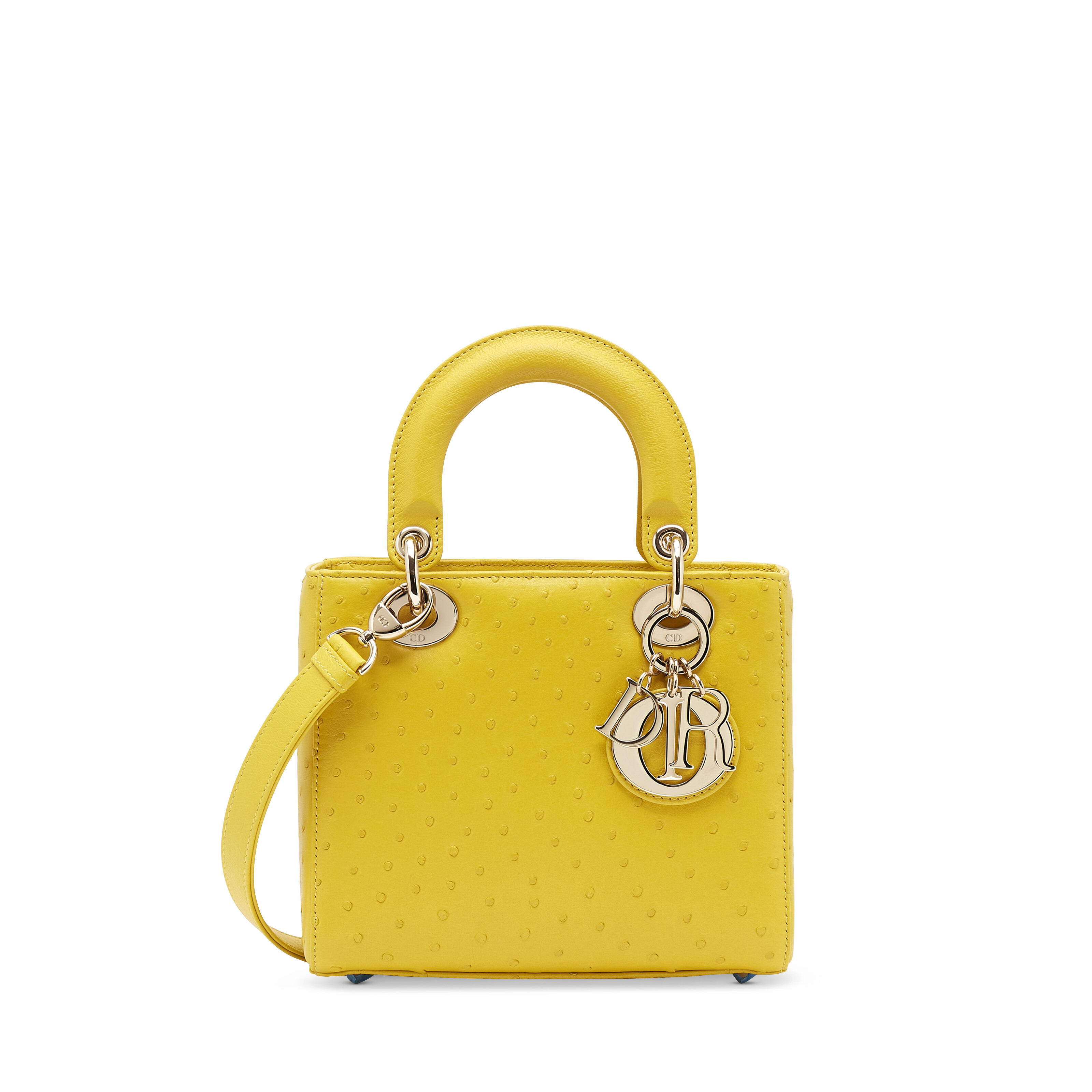 A YELLOW OSTRICH SMALL LADY DIOR WITH LIGHT GOLD HARDWARE, DIOR