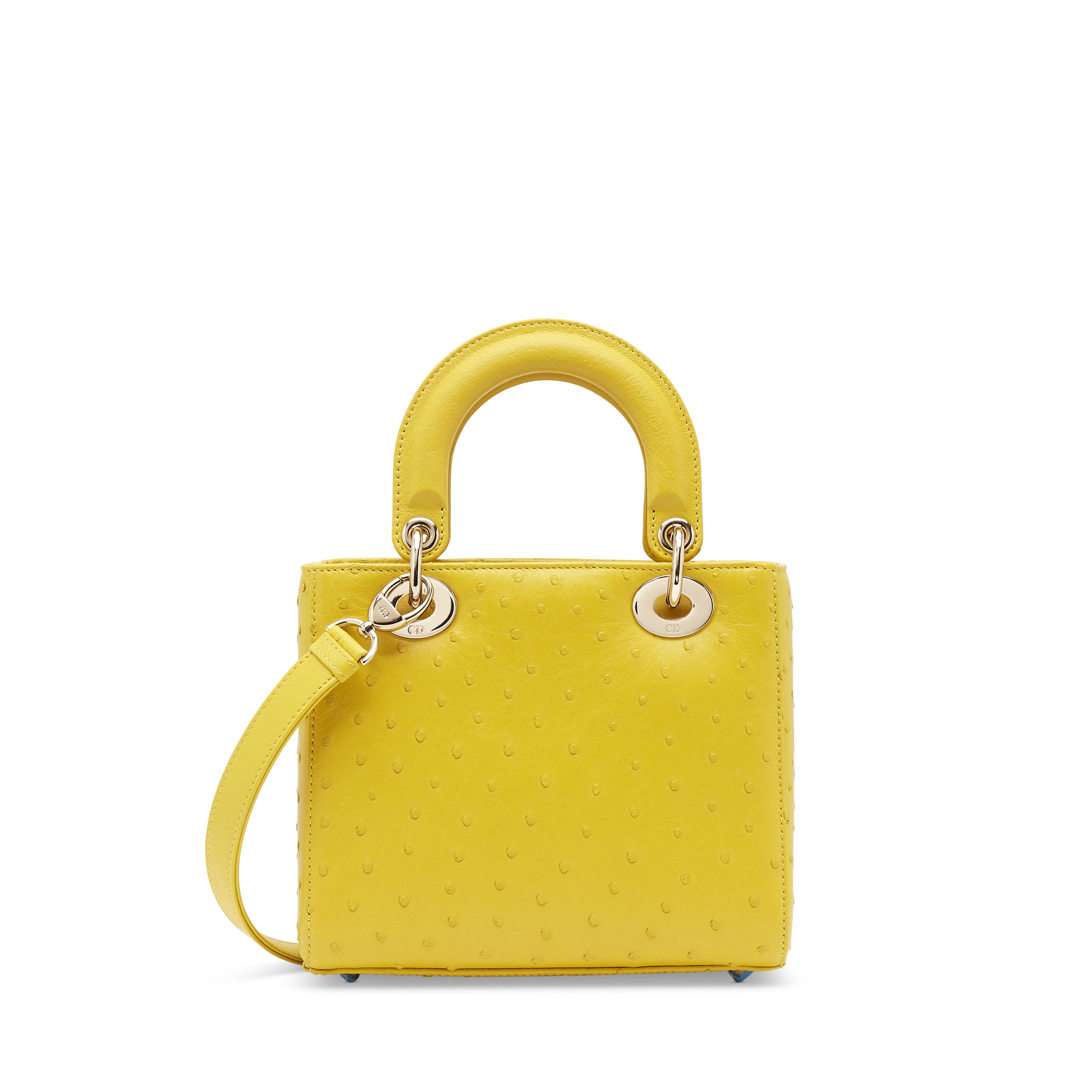 A YELLOW OSTRICH SMALL LADY DIOR WITH LIGHT GOLD HARDWARE