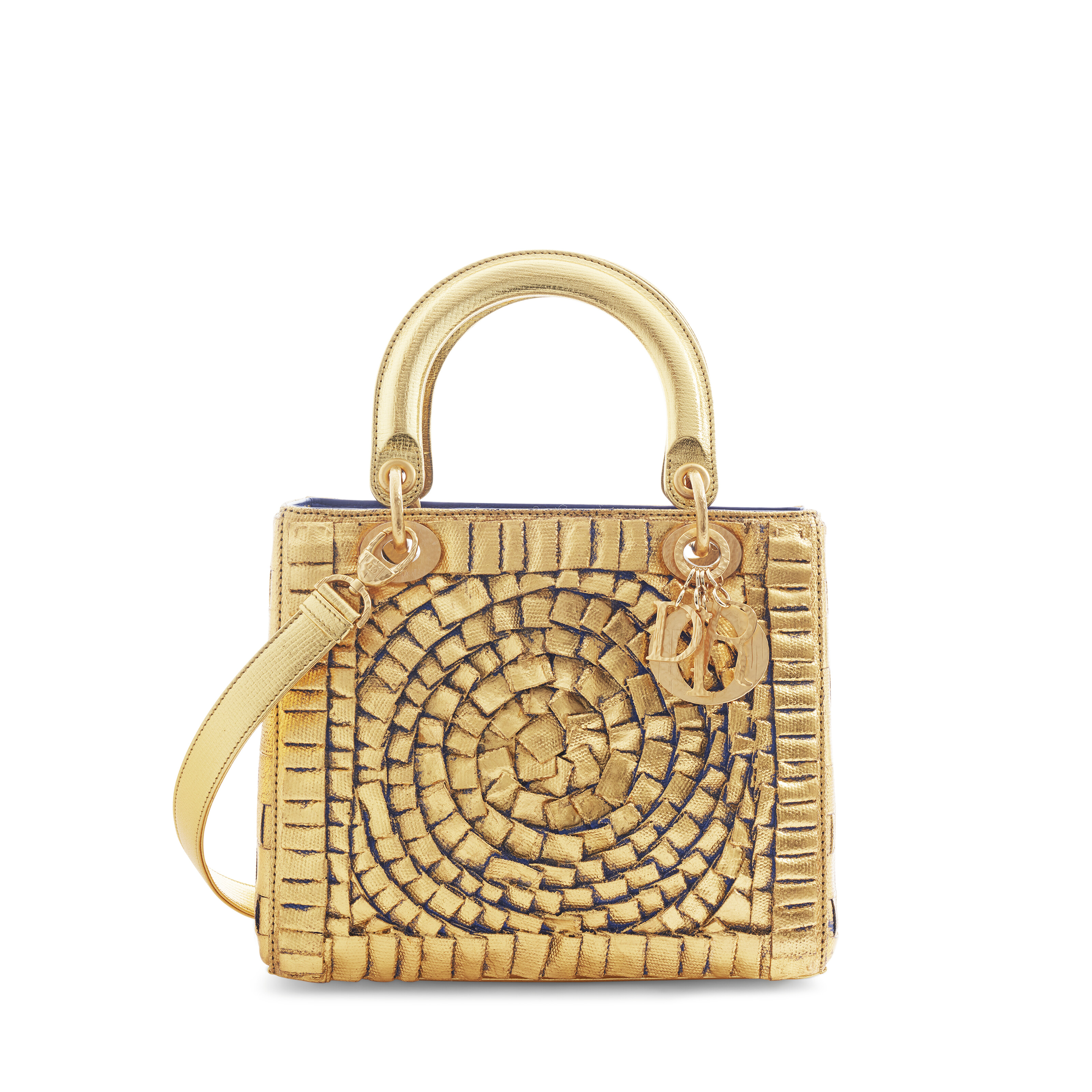 A LIMITED EDITION LADY ART GOLD & DARK BLUE PAINTED COTTON & LINEN