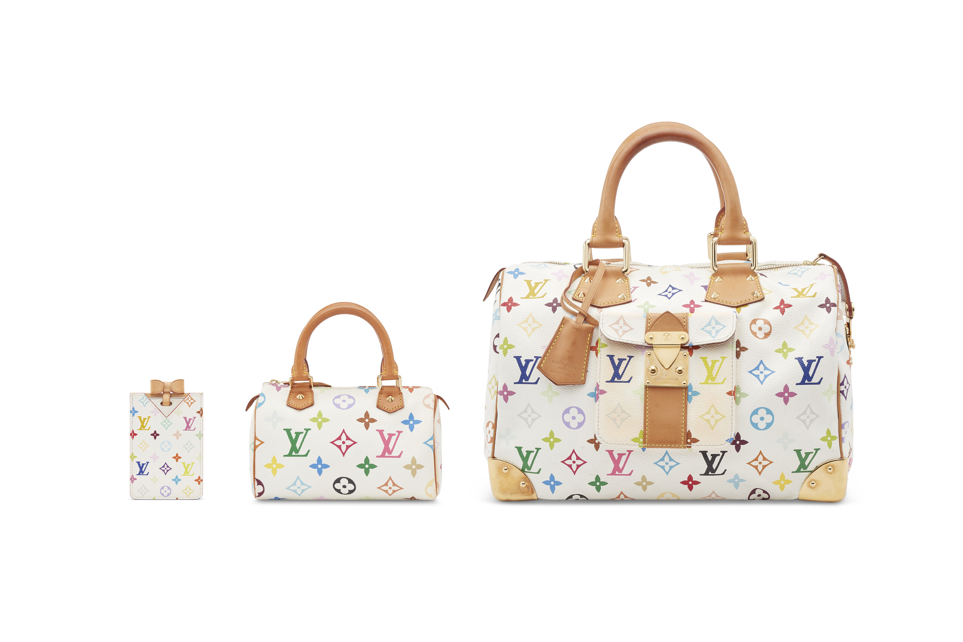 A group of three: limited edition white Multicolore Monogram toile and natural leather Speedy 30; Speedy Nano; and Pocket Mirror with gold hardware by Takashi Murakami, Louis Vuitton, 2003, offered in Handbags Online: The Paris Edit, until 25 April 2024 at Christie's Online