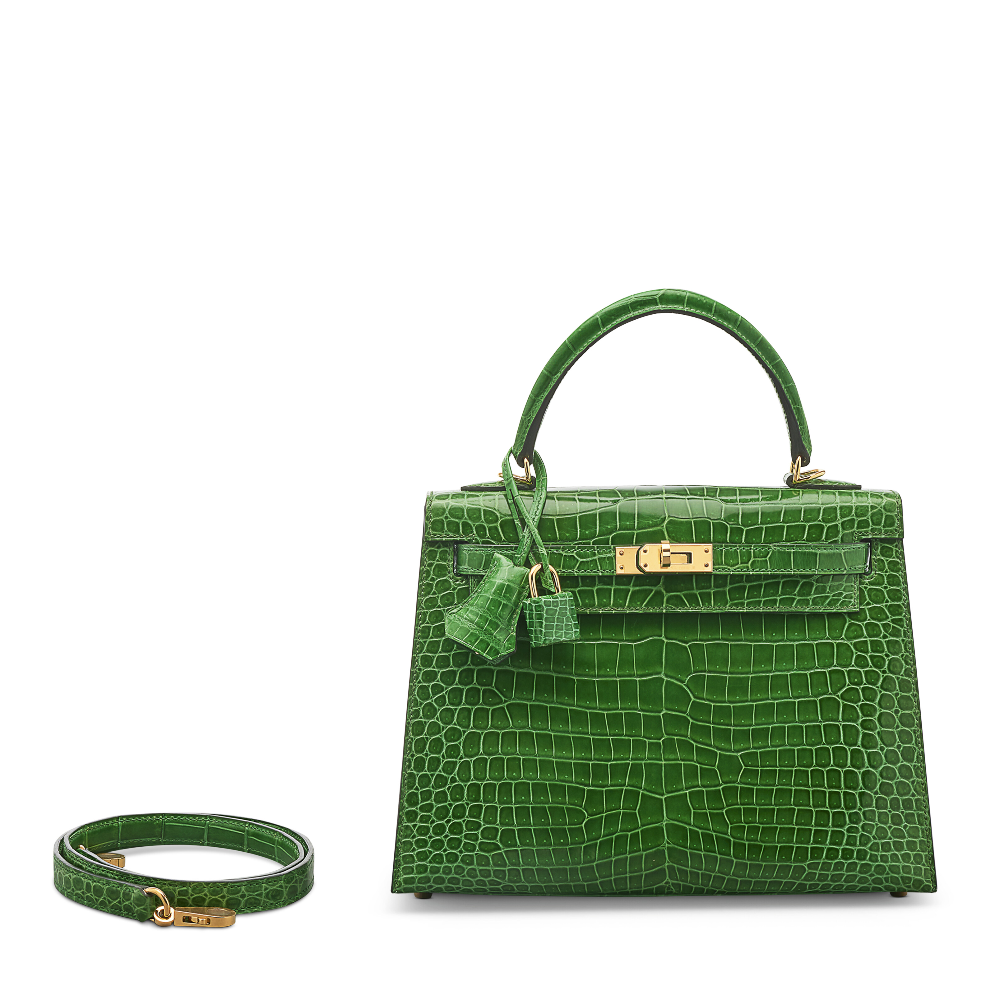 A SHINY CACTUS POROSUS CROCODILE SELLIER KELLY 25 WITH GOLD