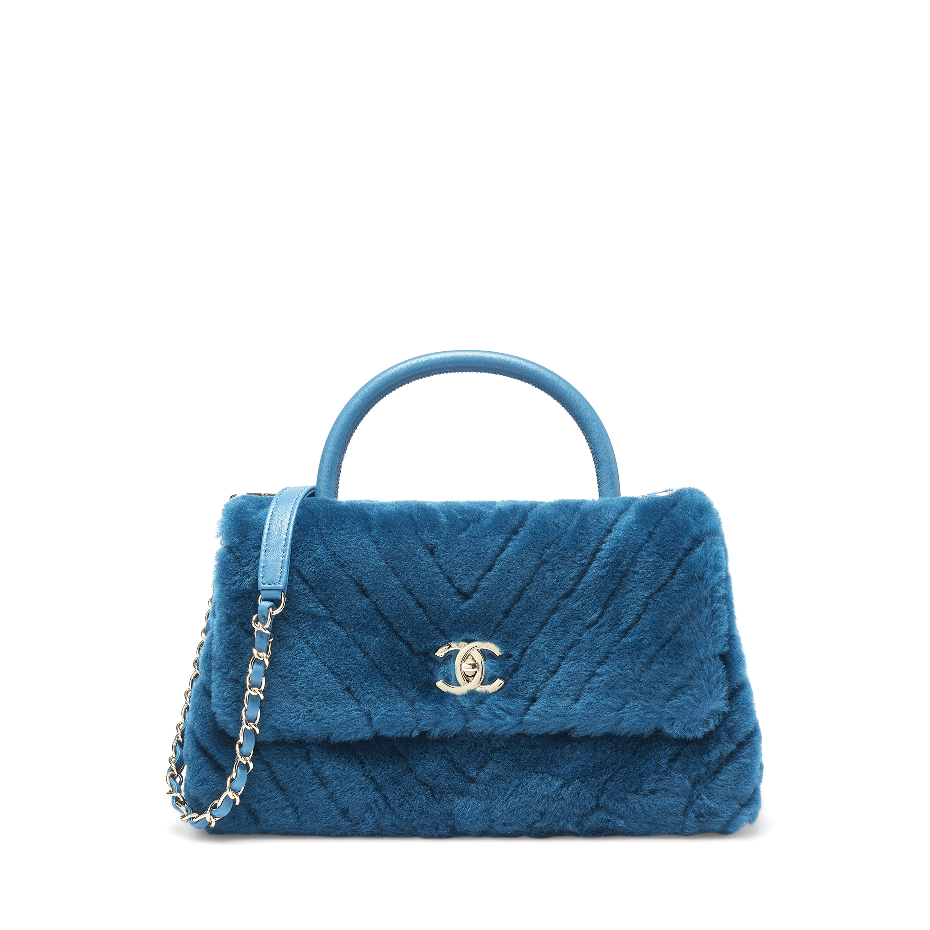 A TURQUOISE CHEVRON FAUX FUR & CALF LEATHER MEDIUM COCO HANDLE