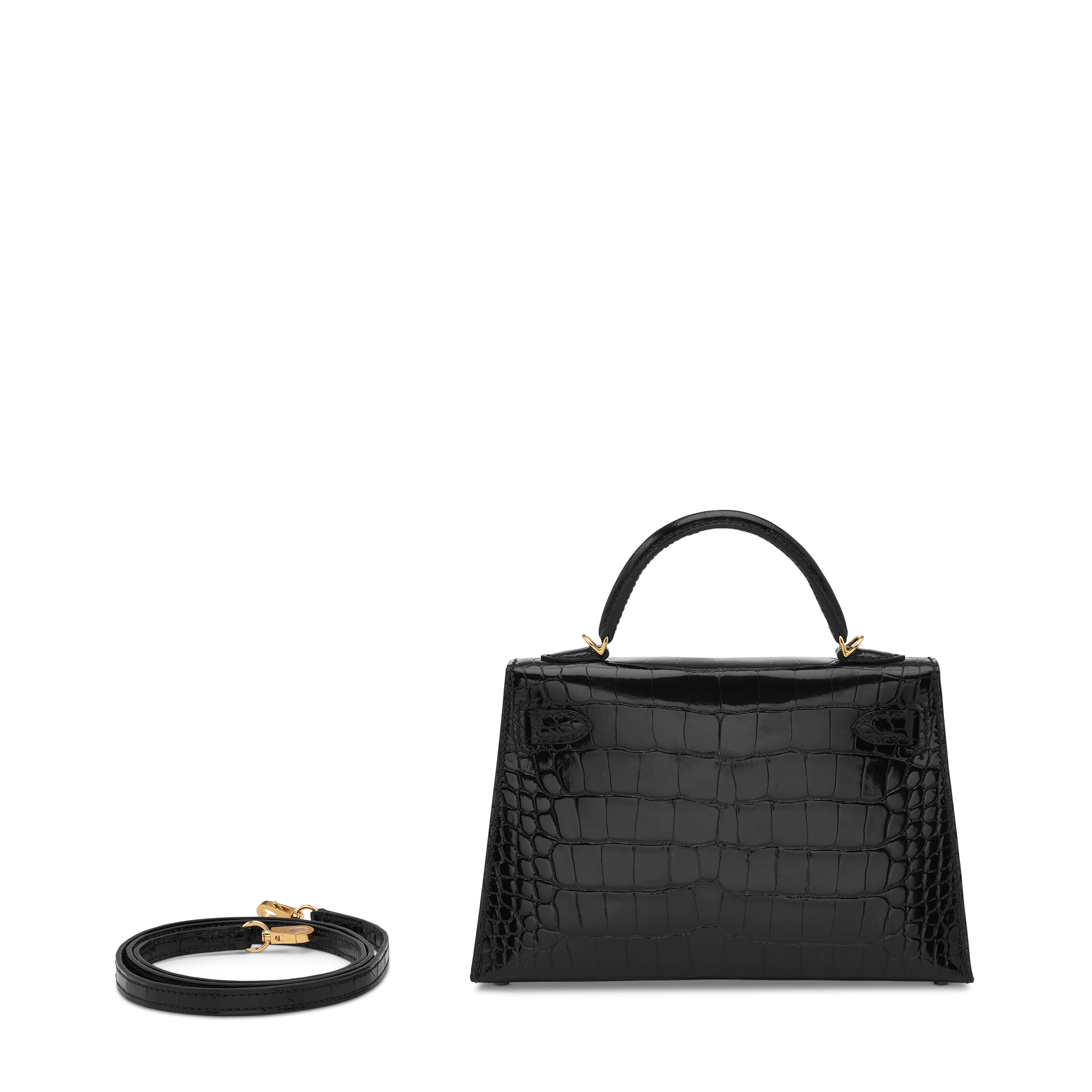 A SHINY BLACK ALLIGATOR SELLIER MINI KELLY 20 II WITH GOLD