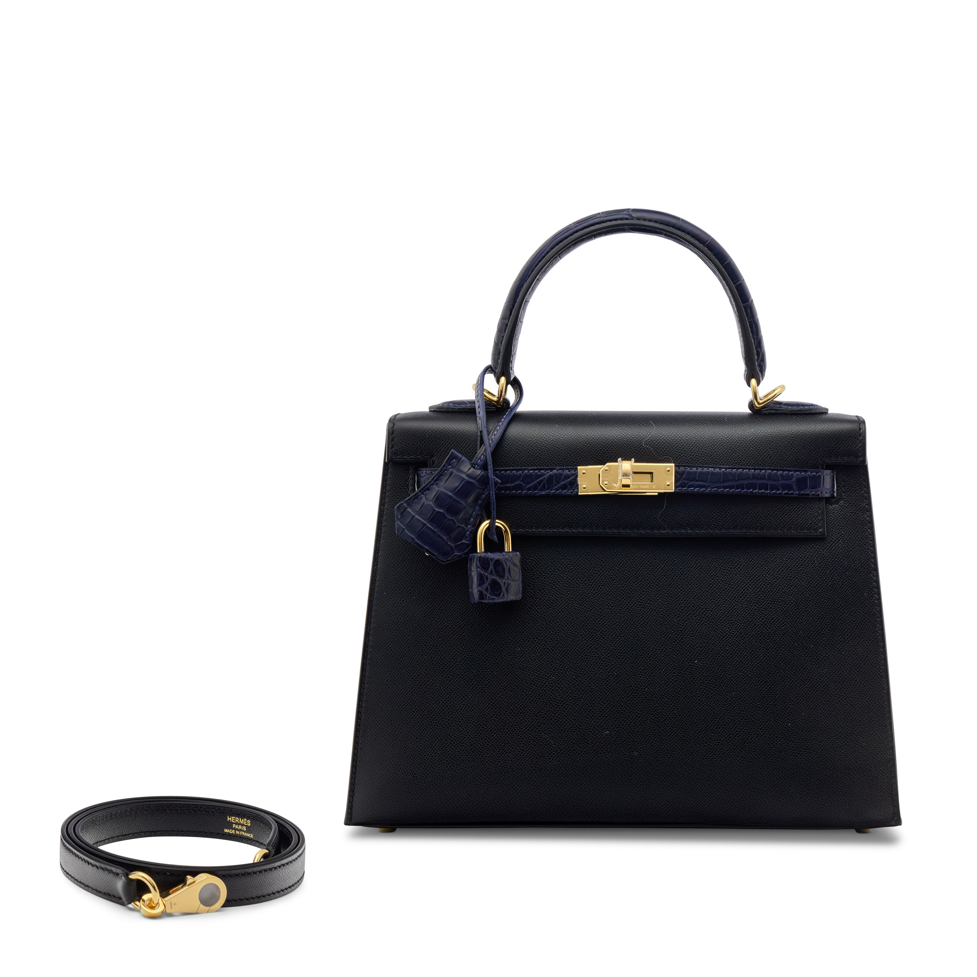ケリー　HERMES ミュール　カデナ　フラットパンプス　24 濃紺　スエード A LIMITED EDITION MATTE BLEU MARINE ALLIGATOR & BLACK VEAU MADAME