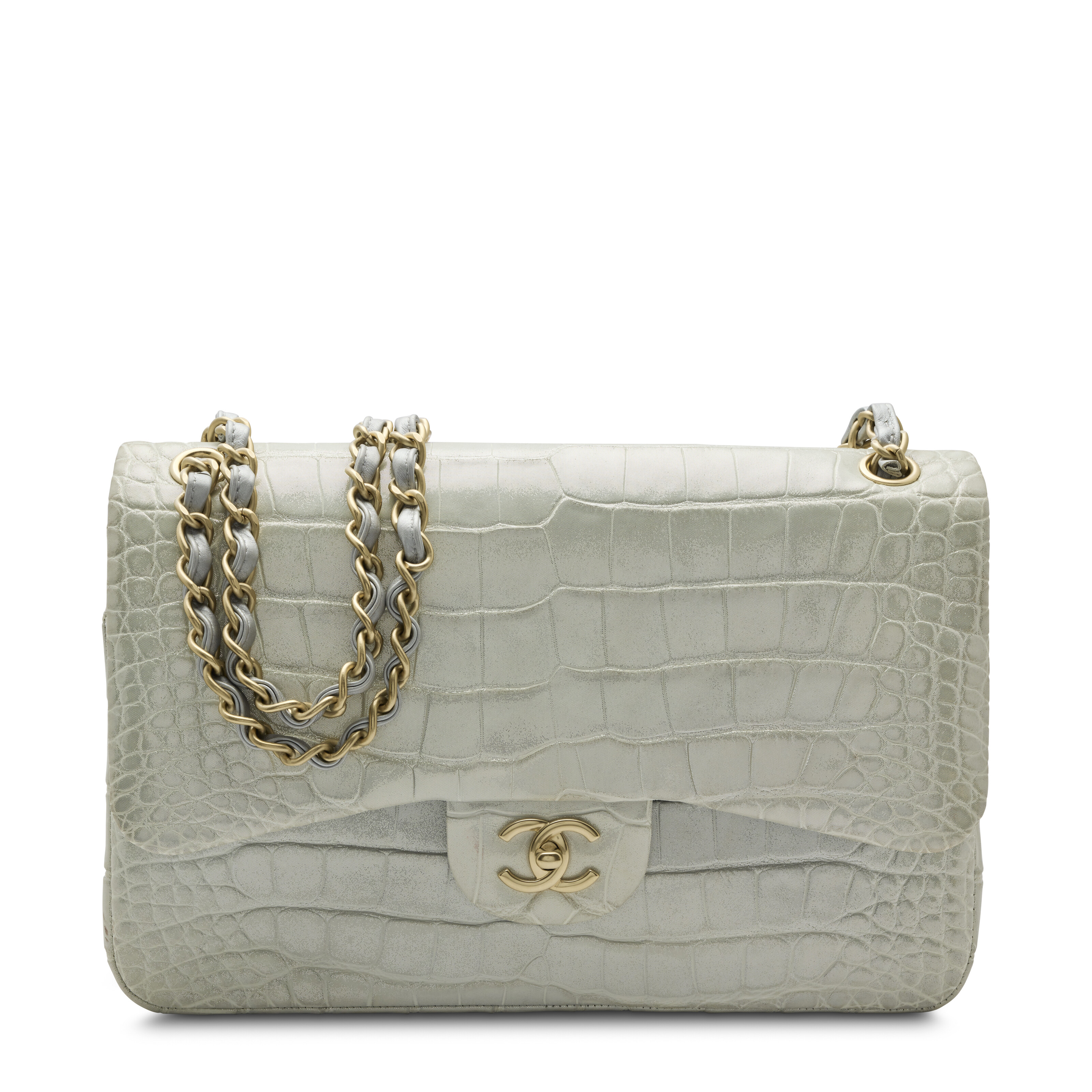 A METALLIC GREY ALLIGATOR CLASSIC JUMBO DOUBLE FLAP WITH LIGHT