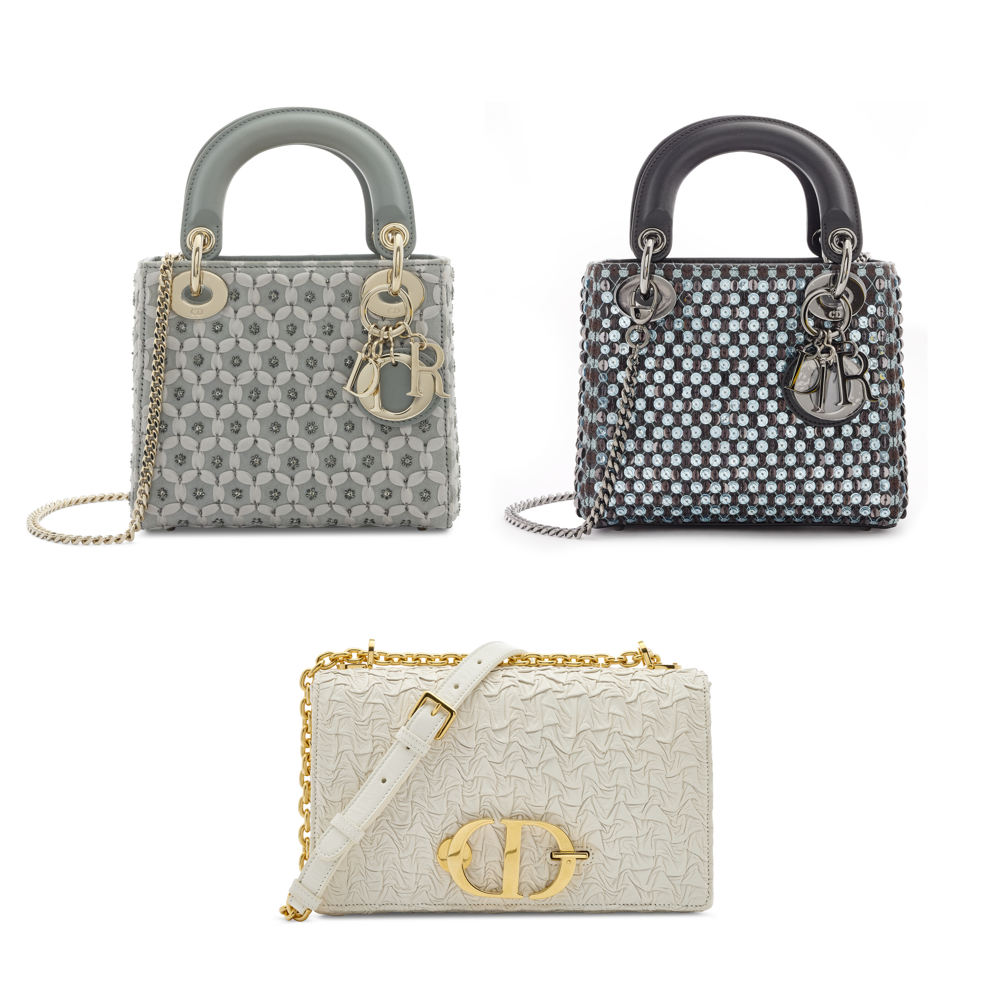 A GROUP OF THREE: A GREY SUEDE BEADED RIBBON MINI LADY DIOR