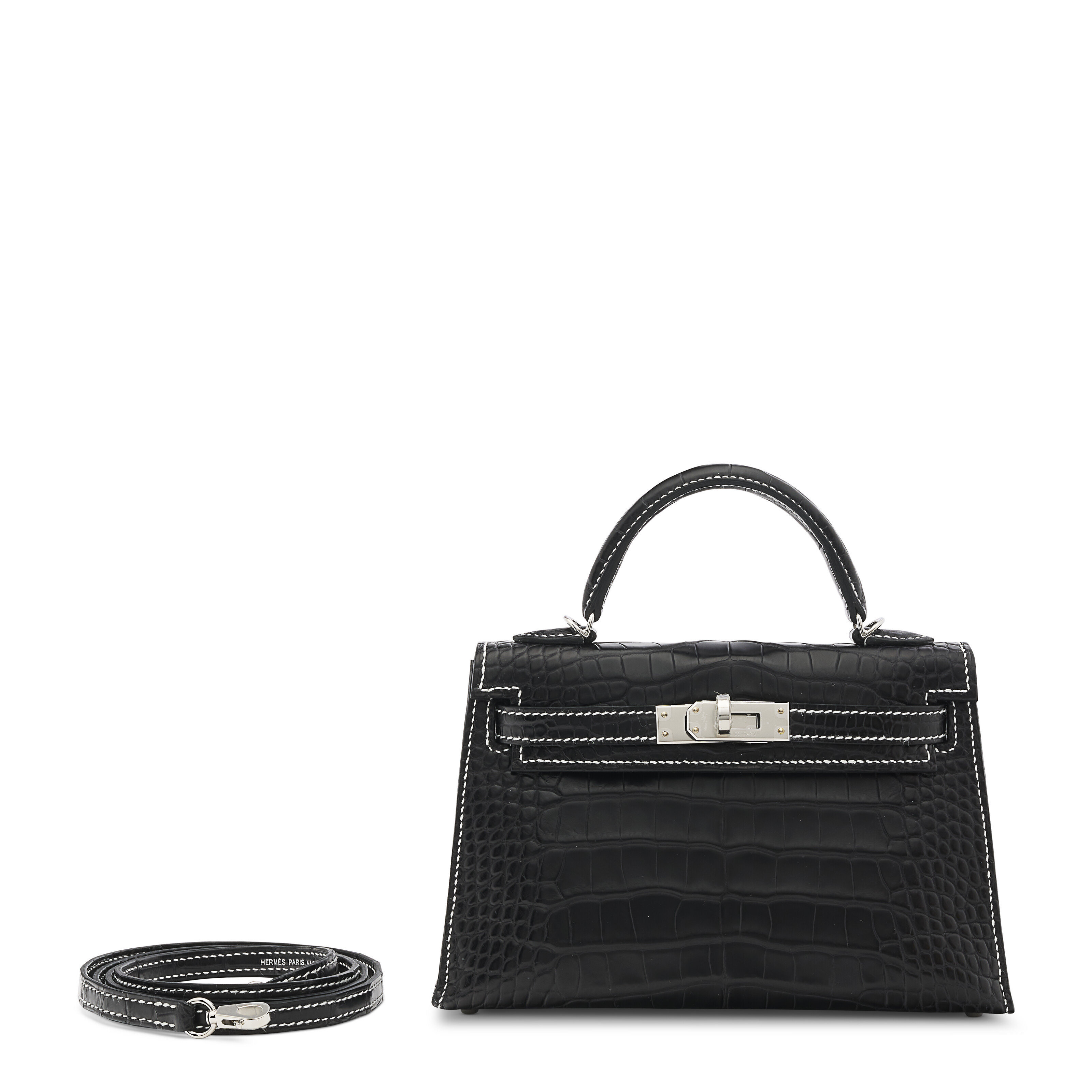 A CUSTOM MATTE BLACK ALLIGATOR MINI KELLY 20 II WITH PALLADIUM