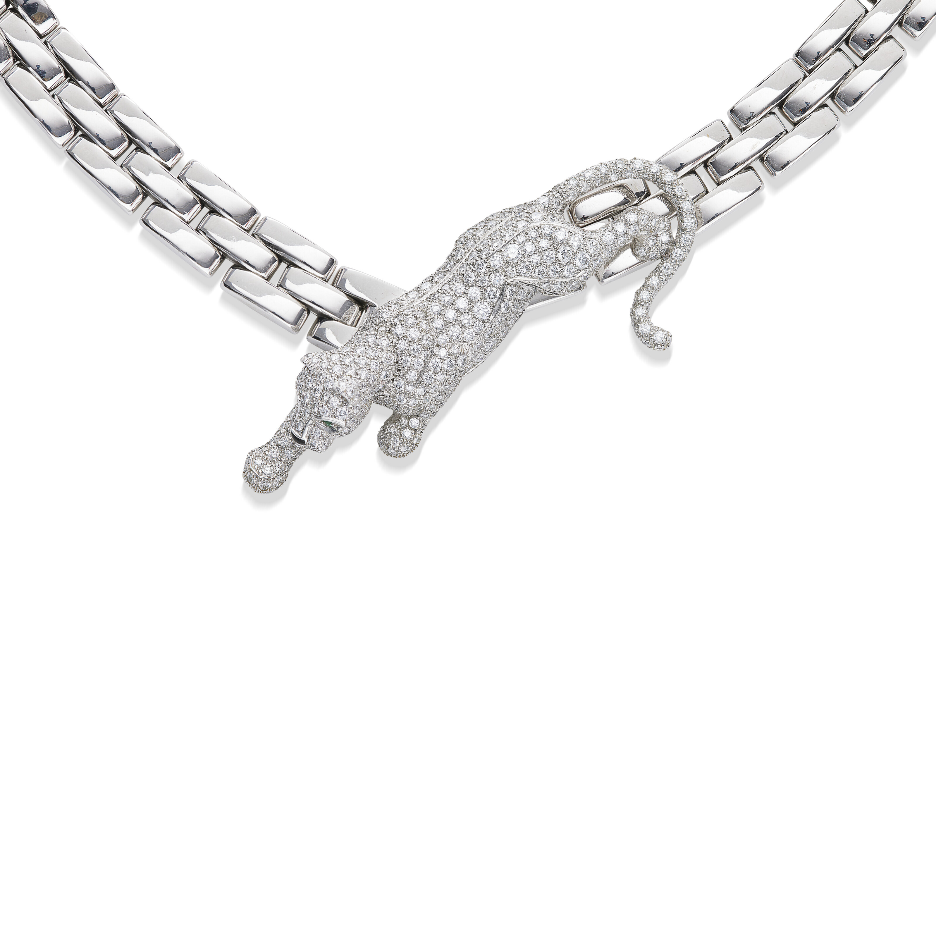 Collier Fantaisie Panthères En Métal Argenté Avec Strass - Occasion Bon État