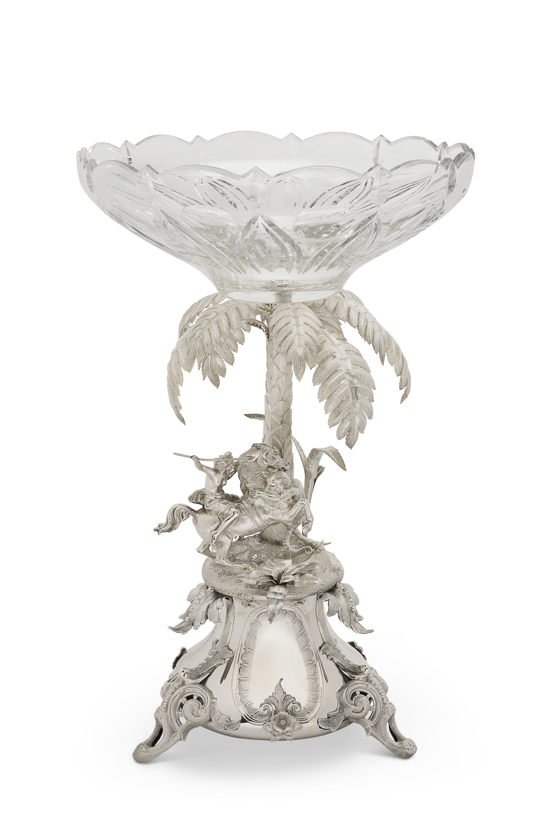 CENTRE DE TABLE BELGE EN ARGENT ET CRISTAL TAILLÉ, VERS 1880, TITRE 800