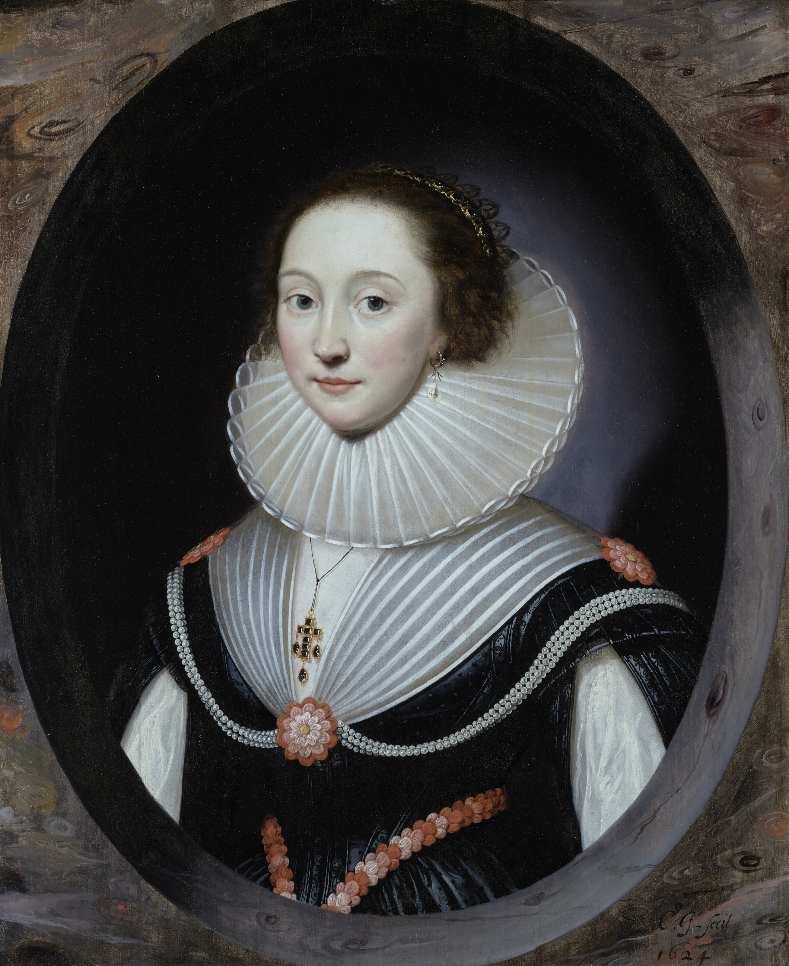 Cornelius Jonson van Ceulen, Portrait of a woman with a ruff and a black dress, bust-length, in trompe-l'oeil architecture, offered in Collections: Including the Property of International Interior Designer Robert Couturier, 16-29 October 2024 at Christie's Online
